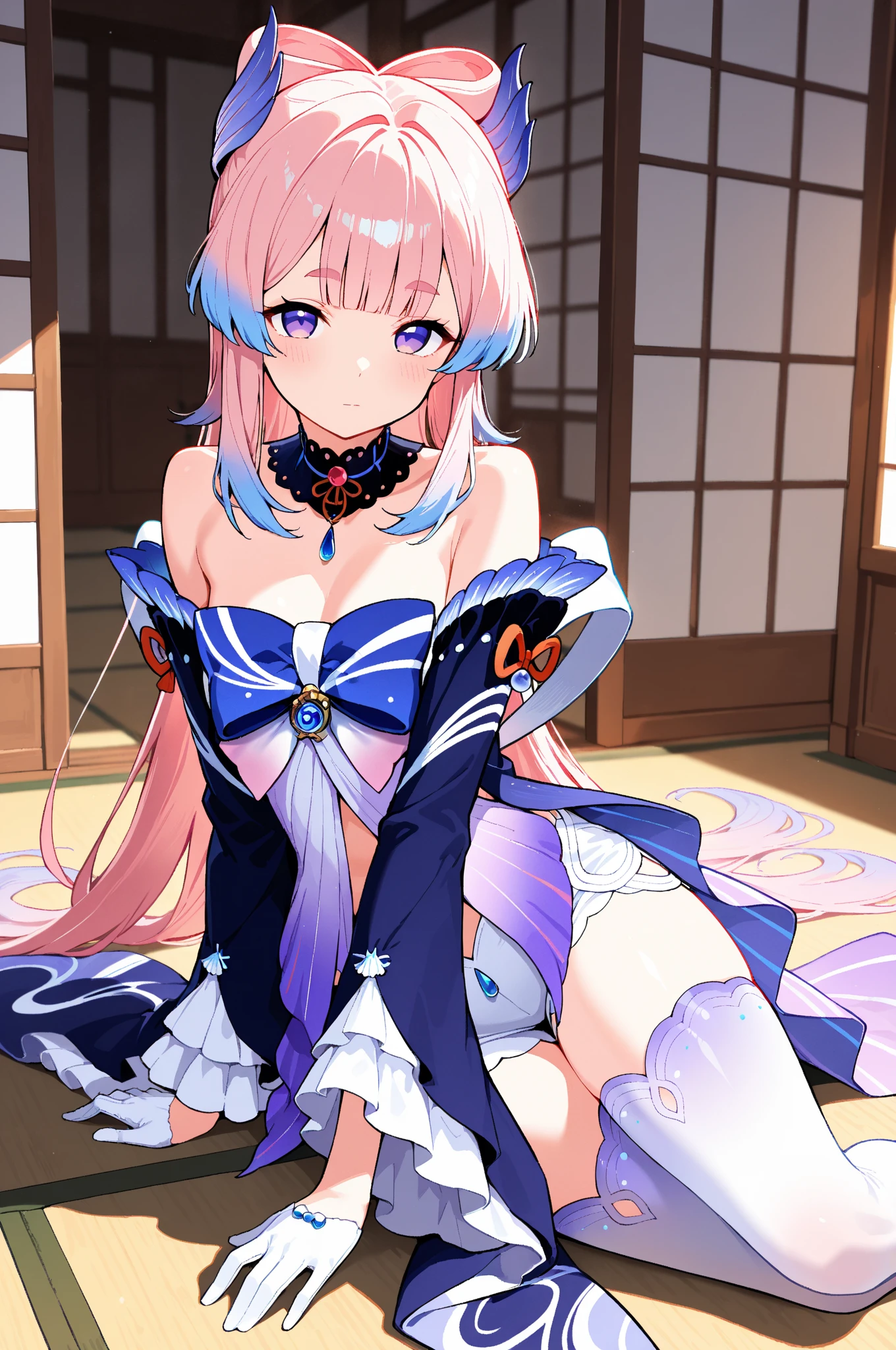 masterpiece,best quality,amazing quality, sangonomiya kokomi, 1girl, bare shoulders, blue bow, blue bowtie, blue hair, blush, bow, bow-shaped hair, bowtie, gloves, gradient hair, hair ornament, long hair, long sleeves, looking at viewer, midriff, multicolored hair, navel, pink hair, purple eyes, shorts, smile, solo, thighhighs, very long hair,  white gloves, white shorts, wide sleeves