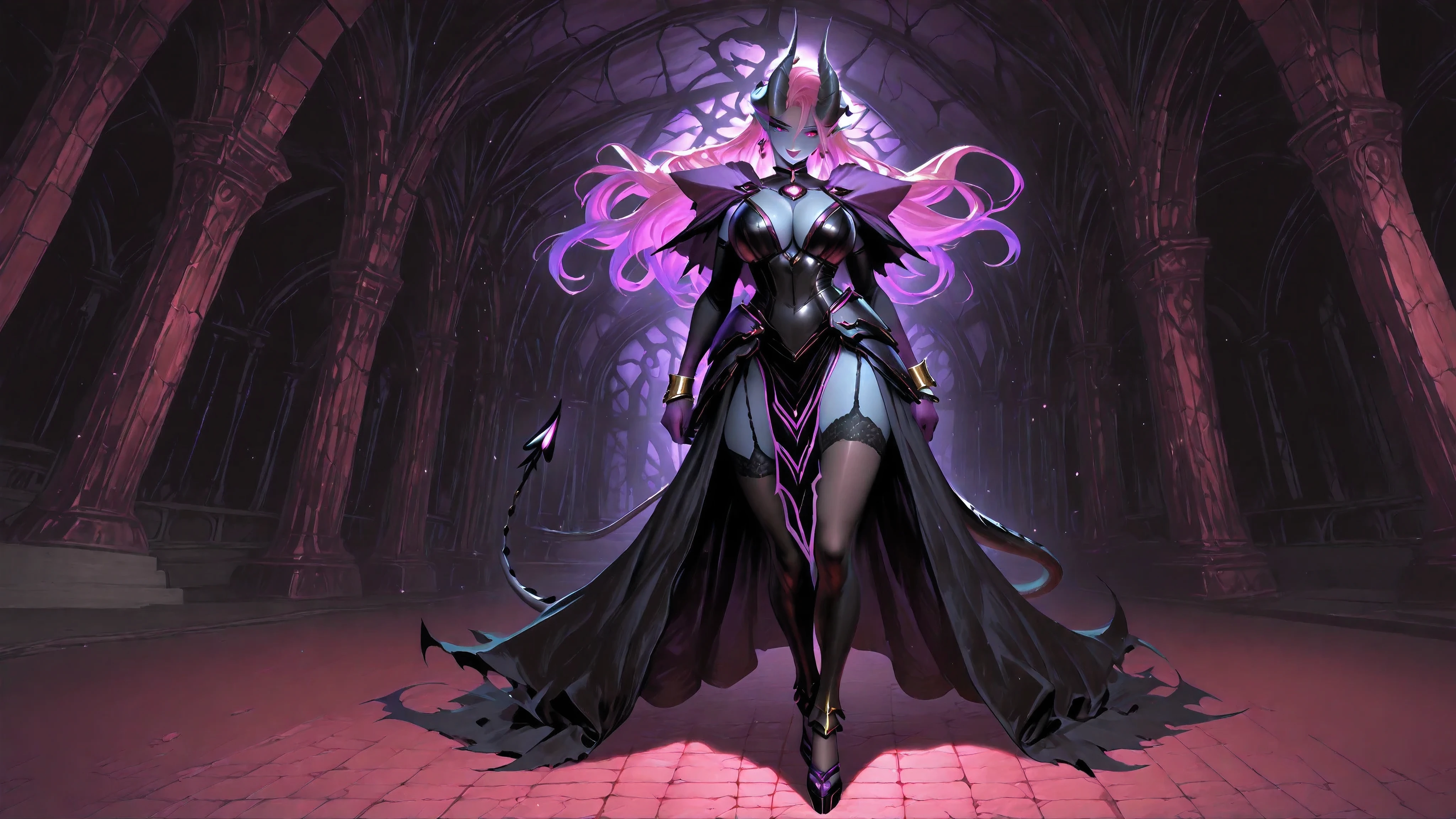 ((inspired by fantasy)),(((masterpiece)), ((best quality)),((ultra detail)),),beautiful-woman, ((detailed face)),((detailed body)),(full body:1.3).


1-woman,
(((demon woman))), ,(pointed ears), (dragon’s horns attached to the head), curved horns, light-blue skin, 
middle-aged,milf,mom,
(claret-color eyes),huge breasts,(violet to pastel pink gradient hair ),
inside-curly voluminous hair with  structured vertical strands ,
(makeup:09), crimson lip,{Eye-shadow with Lame},false eyelashes,(evil smile:0.8),
choker with lace detailing,Elegant purple gloves with intricate stitching,lace-trimmed over-knee-stockings,platform heeled sandals,, The woman is wearing phoenix priestess robe ,Earrings in the ear,bracelet,ring