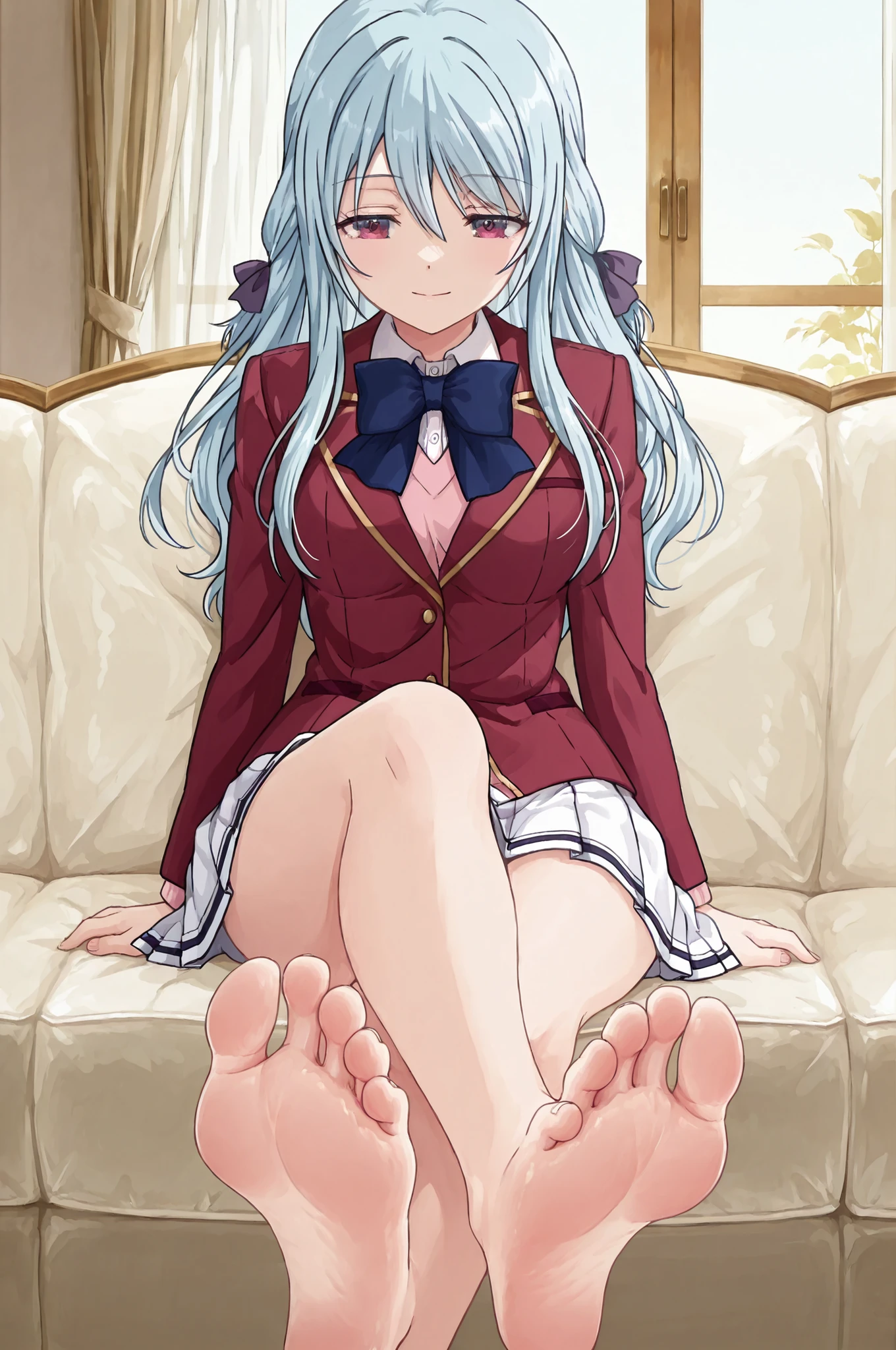 Hiyori Shiina ,hair between eyes, long hair, light blue hair, purple eyes, hair ribbon, purple ribbon
blazer, red jacket, collared shirt, white shirt, pink sweater, blue bowtie, long sleeves, miniskirt, pleated skirt, white skirt, ,with the anime-style illustration emphasizing quiet stillness through meticulous lighting and texture details. ,soft lighting, anime style, masterpiece,beautiful, emotional, watercolor texture, cool color palette, beautiful illustration,,masterpiece, best quality, amazing quality, anime screencap, Alone,,barefoot,greek feet,each foot has exactly five toes, , detailed feet, natural skin tone, realistic anatomy,perfect feet,toe spreading, subtle wrinkles of Soles ,foot focus, foreshortening, sitting, couch, long hair, medium breasts, crossed legs, red eyes, soles, toes,