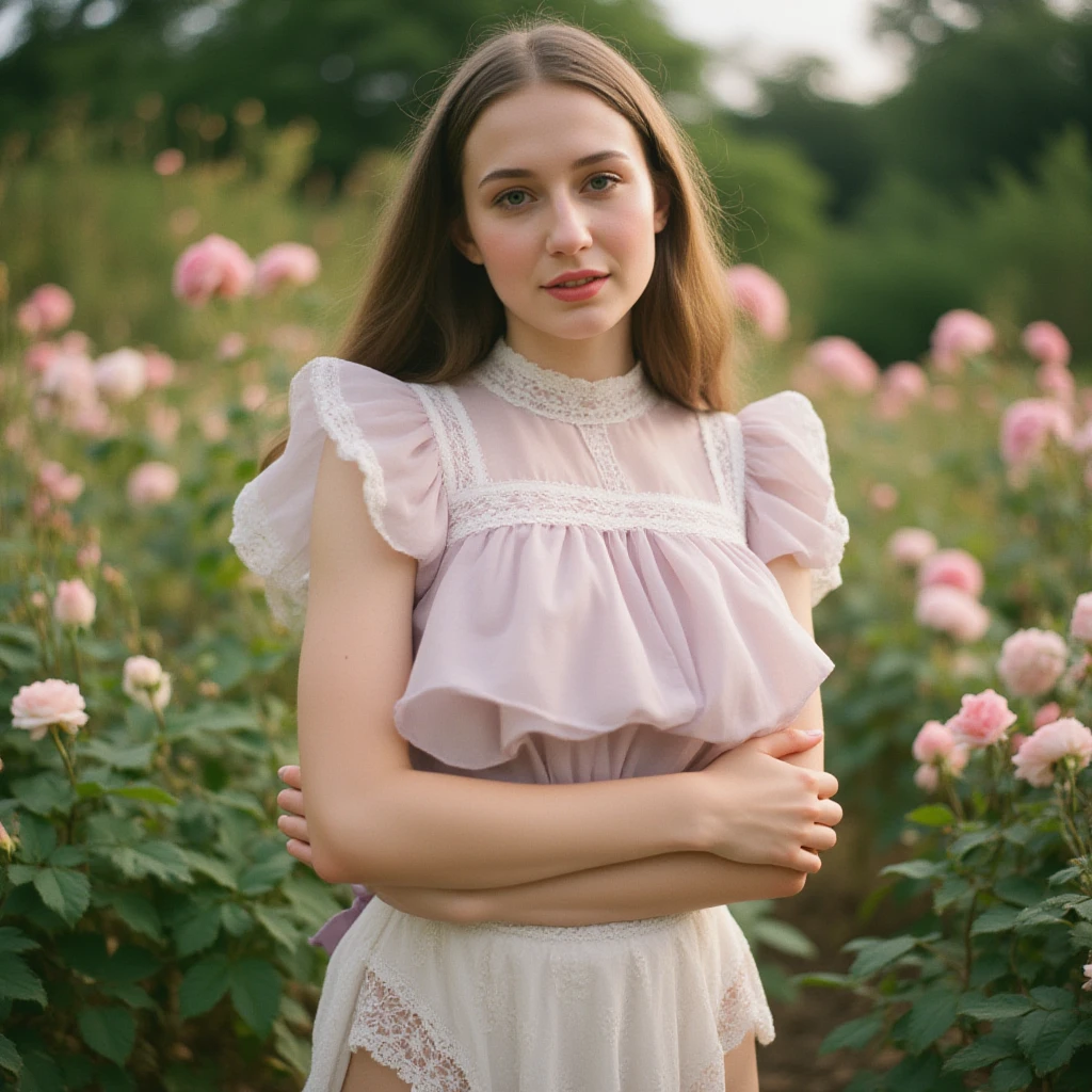 A close up of a woman in a dress standing in a field - SeaArt AI