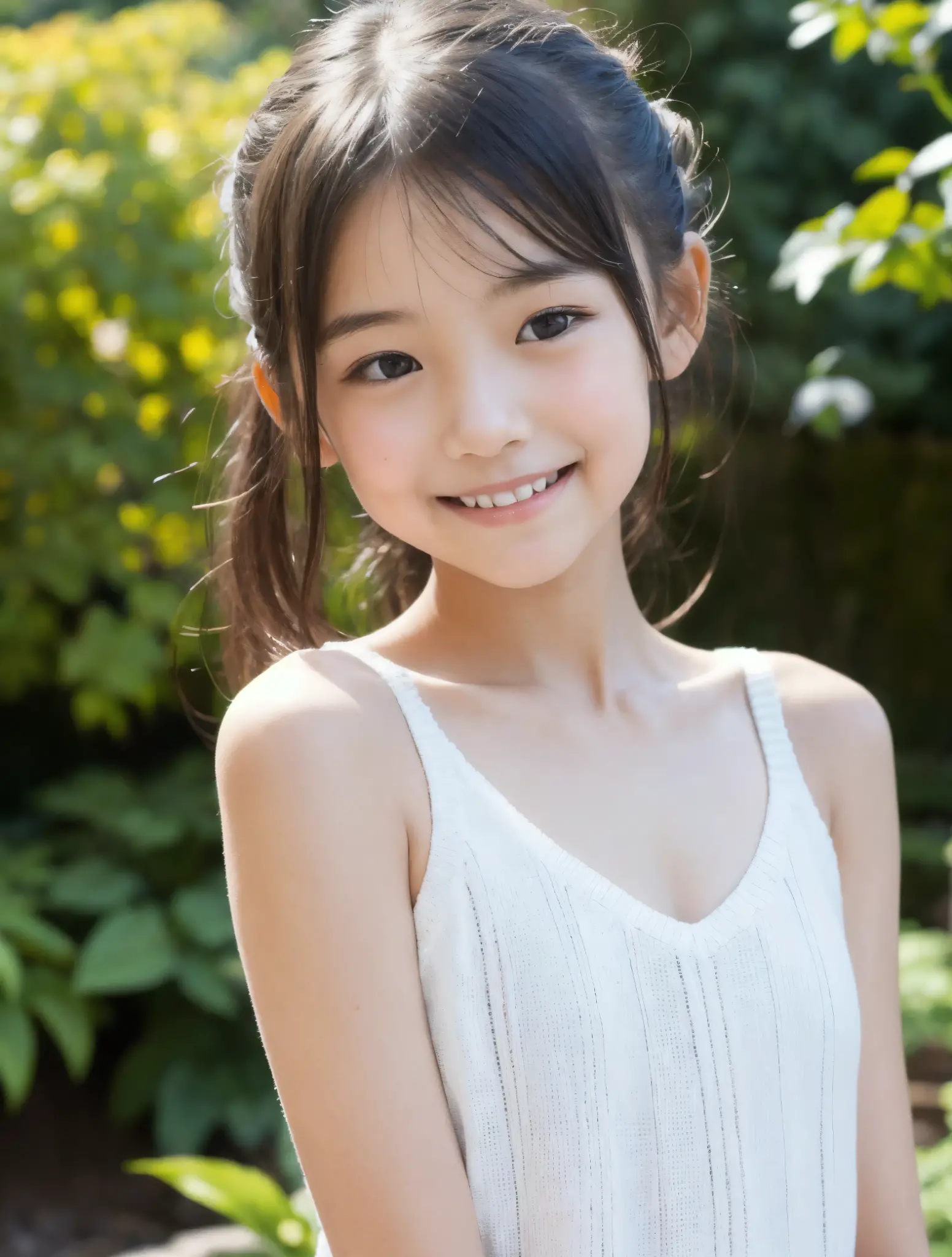 highest quality, High resolution, realistic pictures, detailed skin texture, ((Cute 12 year old Japanese girl wearing a white camisole)), view audience, slim body shape, charming gaze, Fair skin, baby face, (flat ?????:1.2), long straight hair, flower hair ornament, (loli:1.2)
