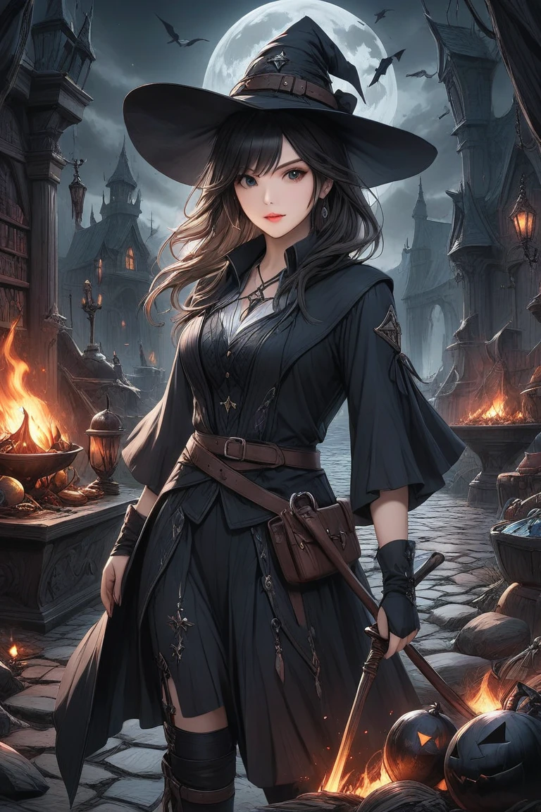 Make a 4k halloween image based on anime sword art online, A witch casting magic in the background.