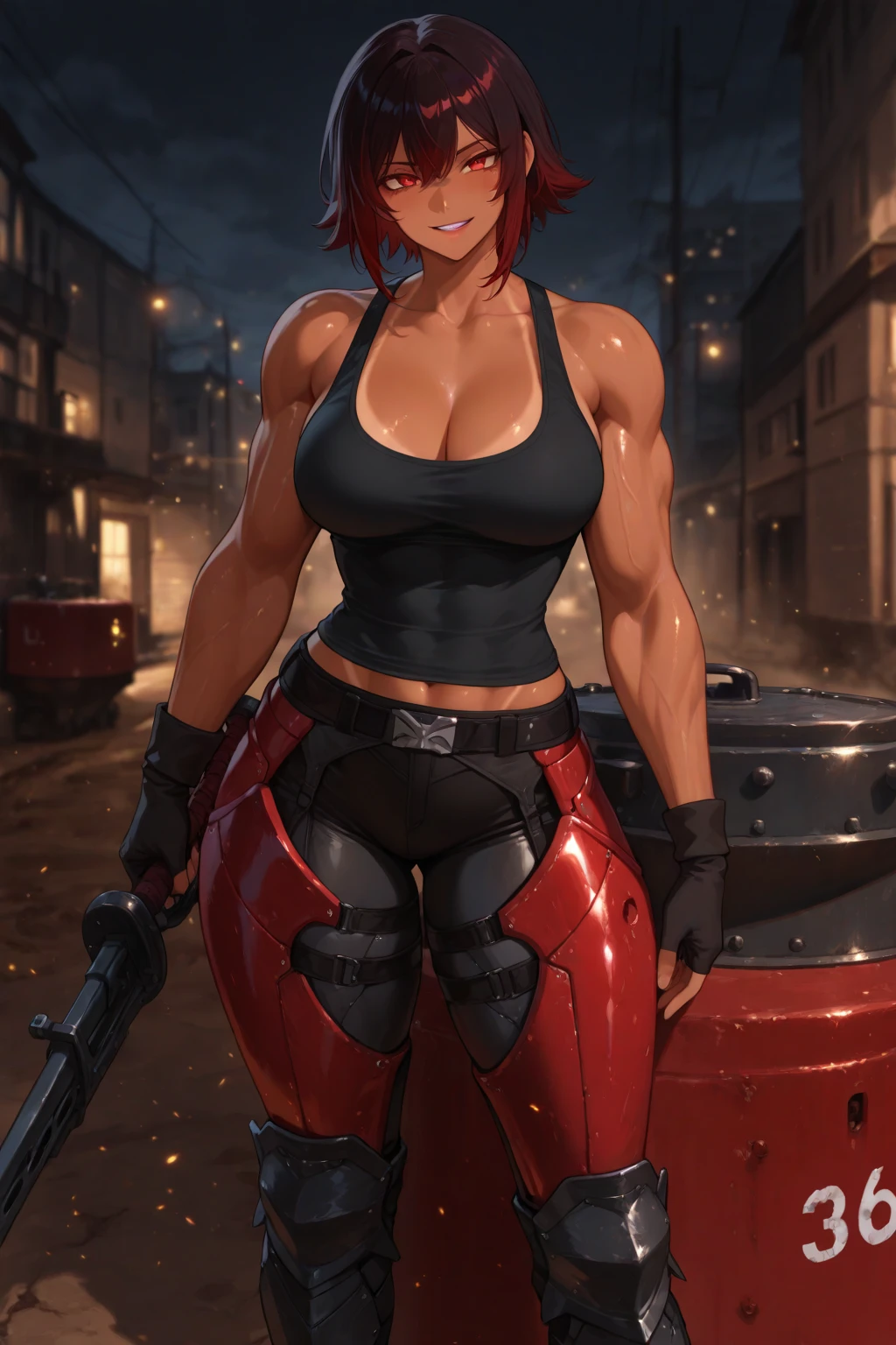 Highly detailed, High Quality, Masterpiece, beautiful, 1girl, fire, smile, outdoors, mcmagma, slime girl, colored skin, yellow eyes, red hair, hat, muscular figure, cowboy shot, full body shot, 