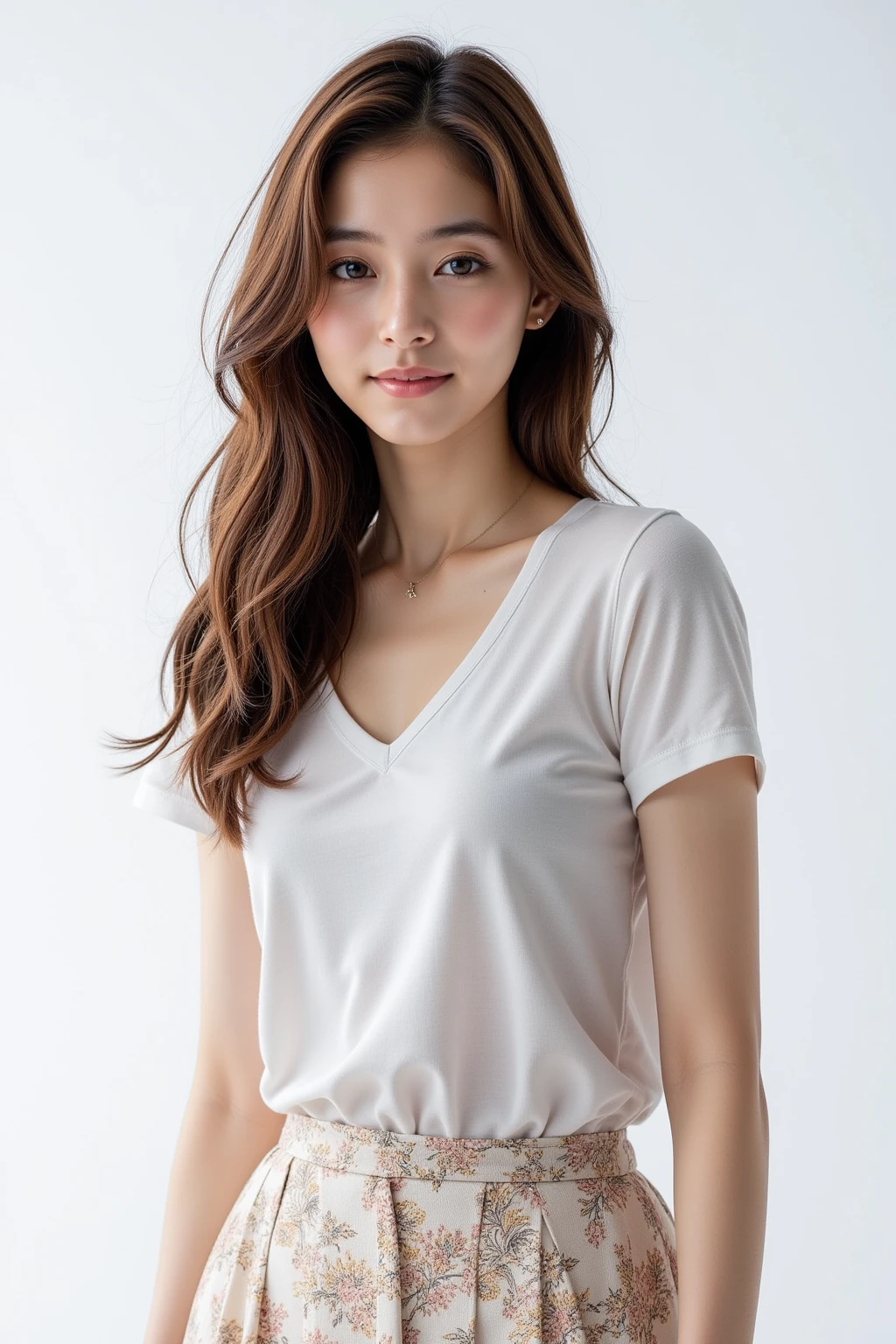 (Highest quality, 8K, 32k, masterpiece, Ultra-high resolution: 1.2), 1 Girl, Beautiful Japanese Woman, Narrow waist, (Lovely Face),, ((Neat and clean clothes), Natural clothes, 、color々With a wide variety of clothes、淡いcolorのブラウス, (Mimore length skirt), Elegance Casual), Age 25, Cinematic Light, (Biting pose: 1.2), (Smile at someone you like),Concrete wall、Silky Hair、Long Hair、constricted hair、Loose and fluffy hair