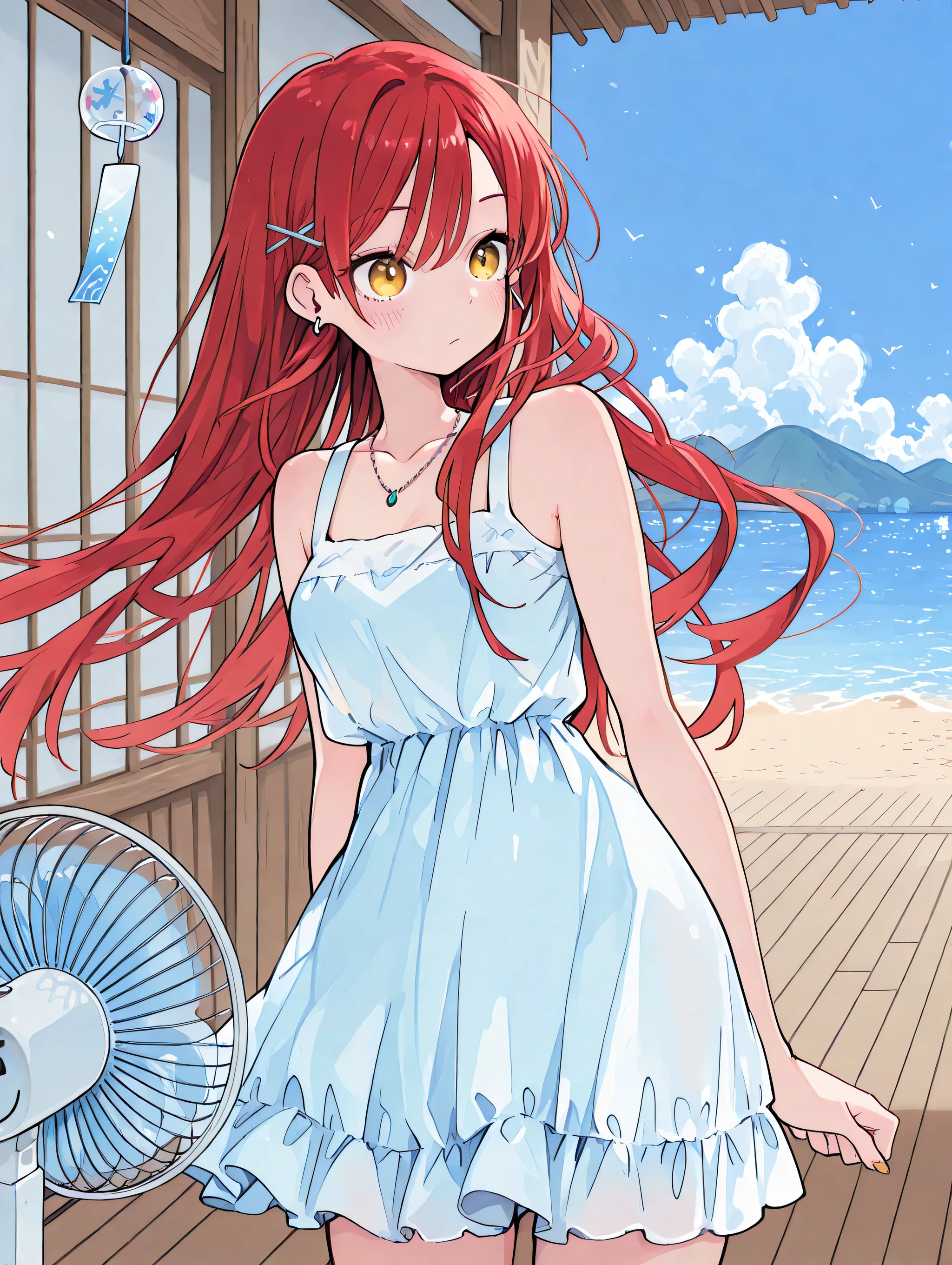 bright,เติมสติกเกอร์cuteๆติดที่หน้า,Girl,red long hair,yellow eyes, x Hair Jewelry, Earrings, Necklace,cute,Casual Skirt Dress, electric fan , indoor, blue sky, Wooden floor, Wind Chime,Outdoor,sea,Men's Beach,mountain