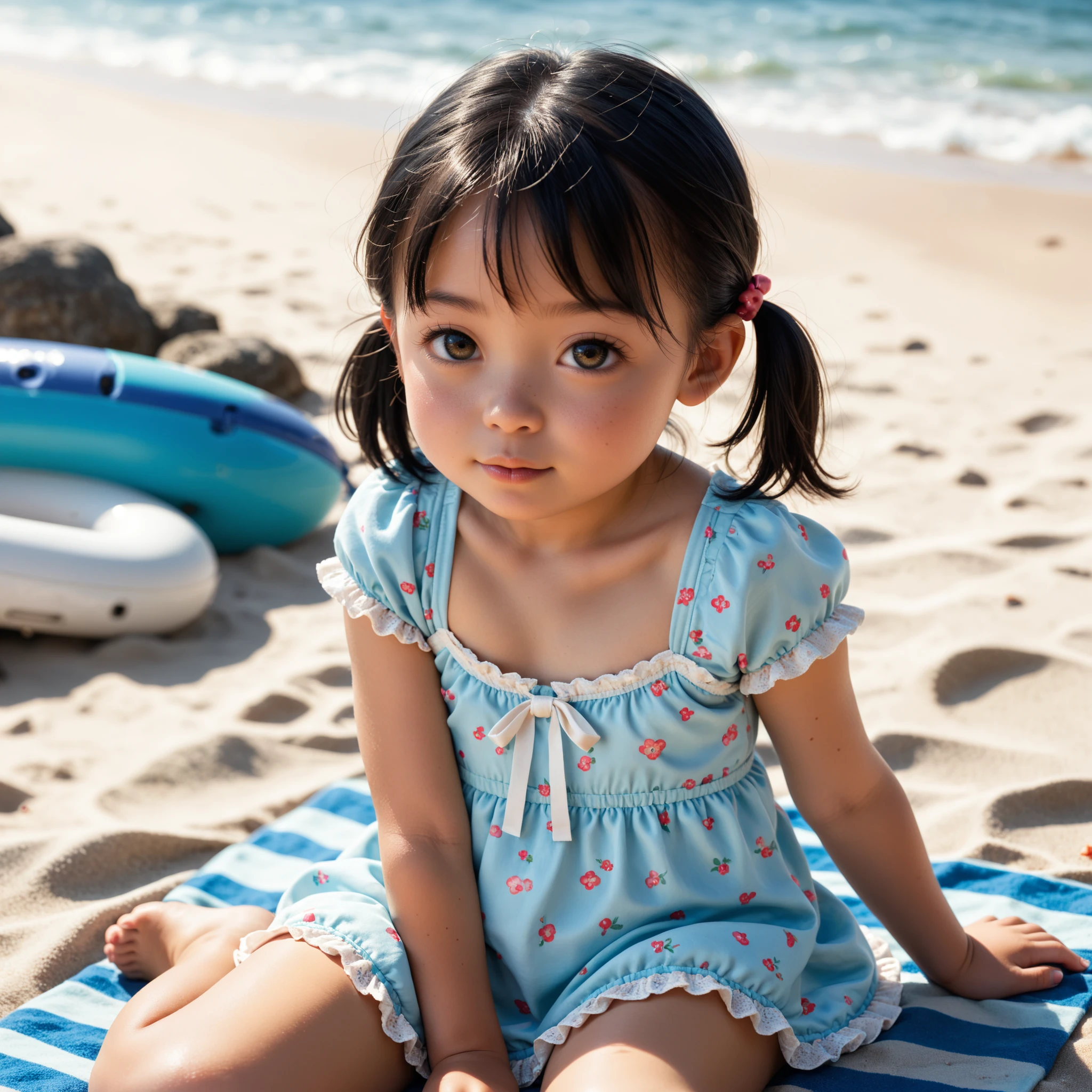 Japanese,infant, very young child, loli, little girl, babyface,short torso, short arms,short legs,black hair,loli long pigtails,solo,loli dress,beach