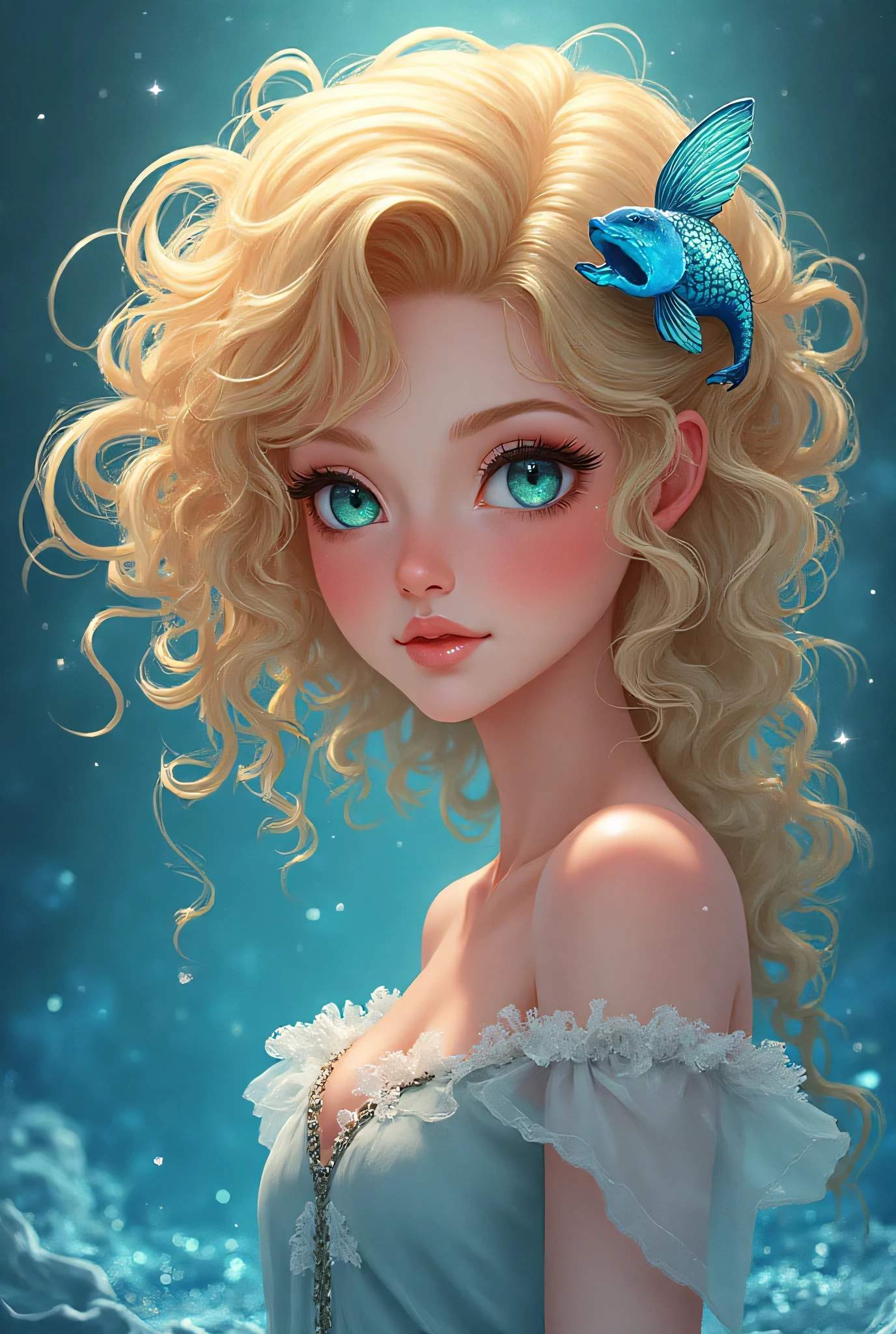 Pastel Art Illustration：A painting of a woman with fish in her hair,Bubbles，big eyes， (((#10: Fluffy Light Hair)))，Jin Nong's Surrealism, Winner of the Behance competition, Pop surrealism, Color illustrations, A beautiful artistic illustration, Colorfull illustration, Pop surrealism art style, Digital illustration style, Fantasy illustrations, Illustration Art, Magical surrealism, Digital fantasy illustration, Pop surrealism lowbrow art style,Solid color background