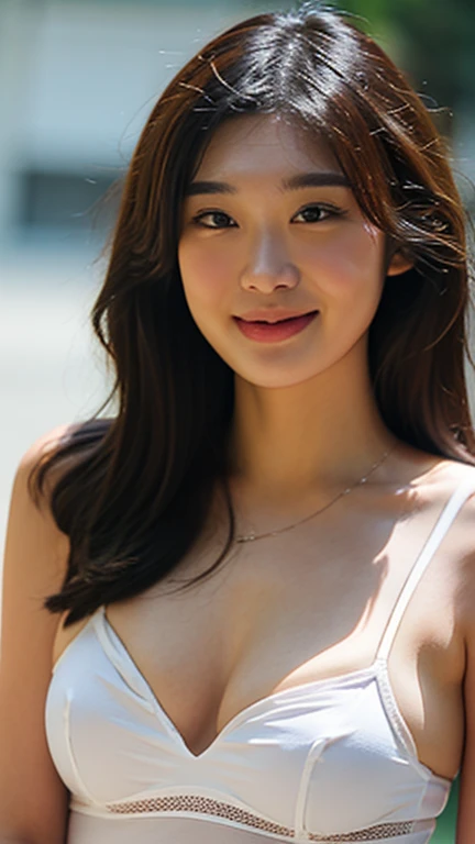 18-year-old、Front view、long hair、big bust、white pants、whole body、With a smile、look directly at the camera、