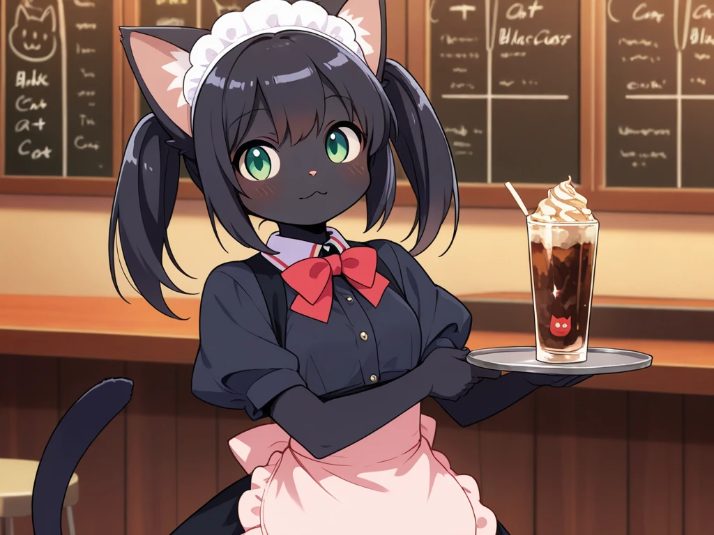 (masterpiece), highest quality, Perfect Face, Furry, Black cat, male, Blushed, Rubber suit, Null bulge, Cafe, Round 1, ribbon,  Vinyl Apron, restaurant
