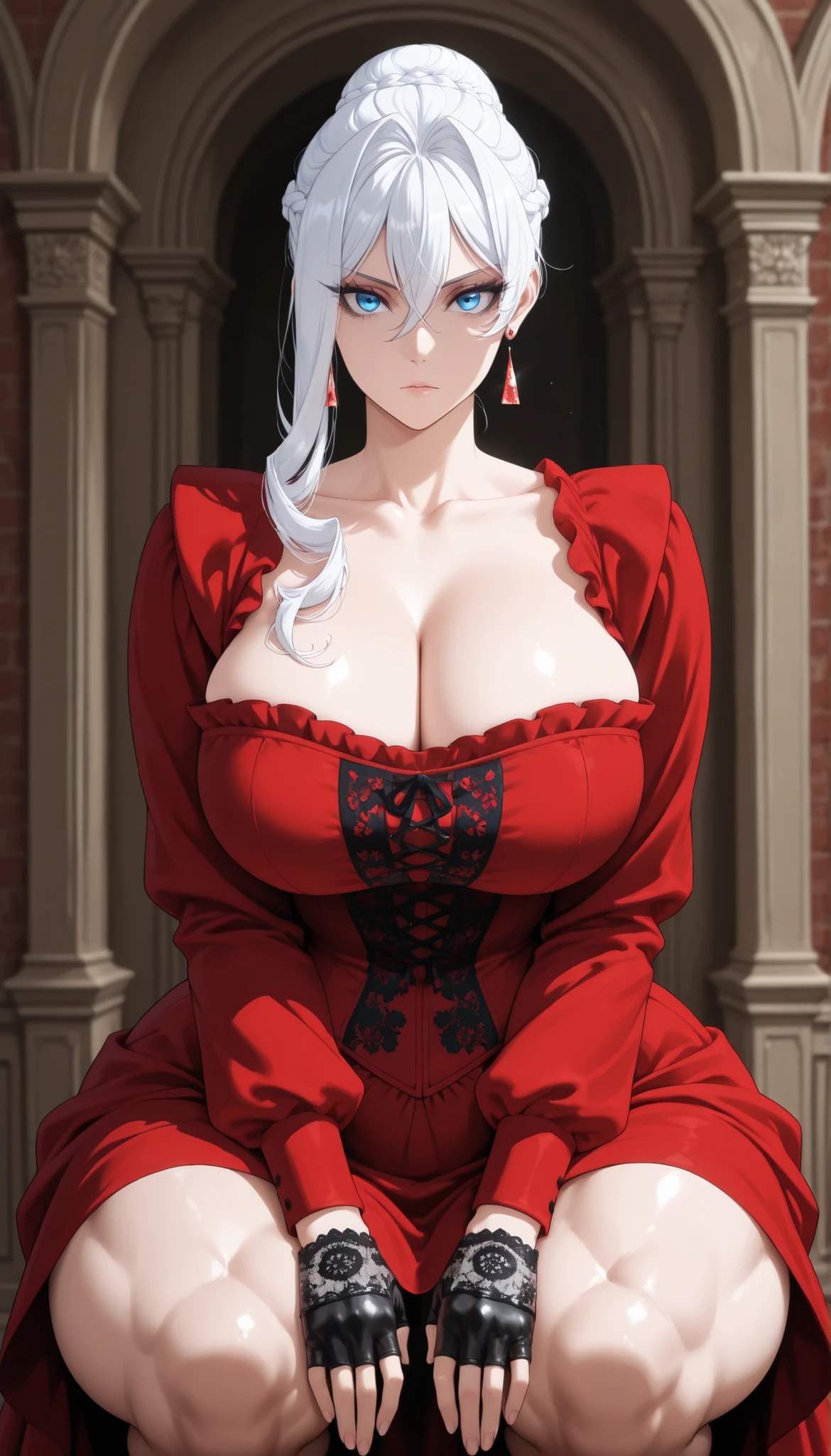 white hair, long hair, braid, braided bun, single hair bun, hair between eyes, blue eyes, 1girl, solo, earrings, jewelry, collarbone, looking at viewer 
fingerless gloves, black gloves,big , thick muscular thighs, wide curvy , voluptuous body, Curvy body, thicc woman, victorian dress red, red corset, red skirt, red dress, long sleeves, earrings, collarbone, in squats position, front view 