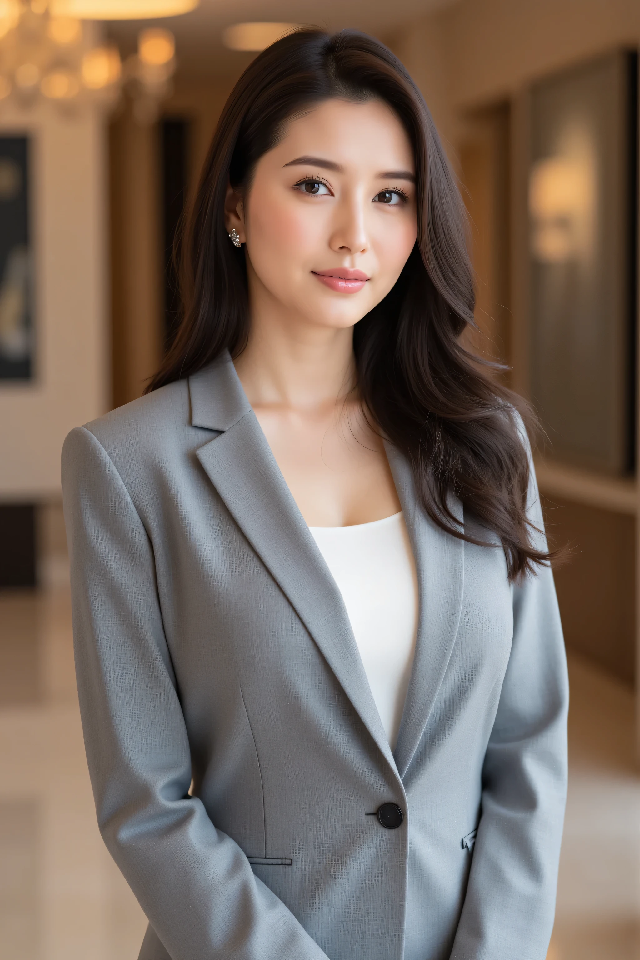 (top quality、best masterpiece、8k、best image quality、winning works)、(Beautiful 30 Year Old Wedding Planner:1.1)、(Elegant long wavy hair showing forehead:1.3)、dark haired、big breasts、glamorous body、(Elegant Grey Business Suit:1.3)、(Elegant U-neck white inner shirt:1.1)、(standing in the lobby of the finest luxury wedding venue:1.5)、standing gracefully、makeup、 silver striped hair 、ultra high definition hair、Ultra High Resolution Glowing Eyes、Ultra High Resolution Gloss Slip、accurate anatomy、Smile Yan、(full body photo standing in the most elegant pose:1.2)