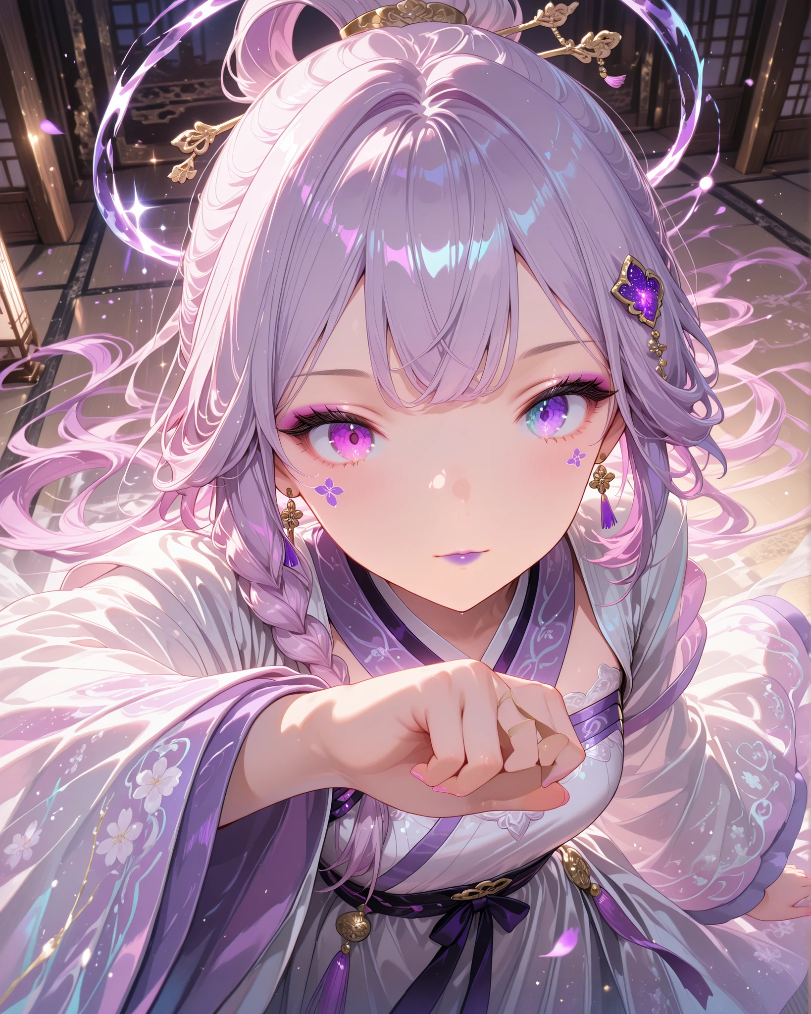 Front angle, close-up, (masterpiece, 4K, ultra-detailed, vivid and vibrant colors), {Gagagem}:(A beautiful and alluring woman with porcelain skin with a soft glow, delicate features, a small nose, and slightly rounded cheeks. Her eyes display striking heterochromia—one luminous lilac-violet and the other a shimmering white with inner reflections. Long dark eyelashes, matte purple lips, a delicate purple floral mark near her right eye in petals, and two small purple marks above her eyebrows. Her white long hair is tied in an elegant ponytail, with a few loose strands framing her face, and a small side braid falling over her shoulder. She wears a light and flowing white-pink hanfu, with wide sleeves and delicate subtle details), harmonious background with perfect lighting and shadows
