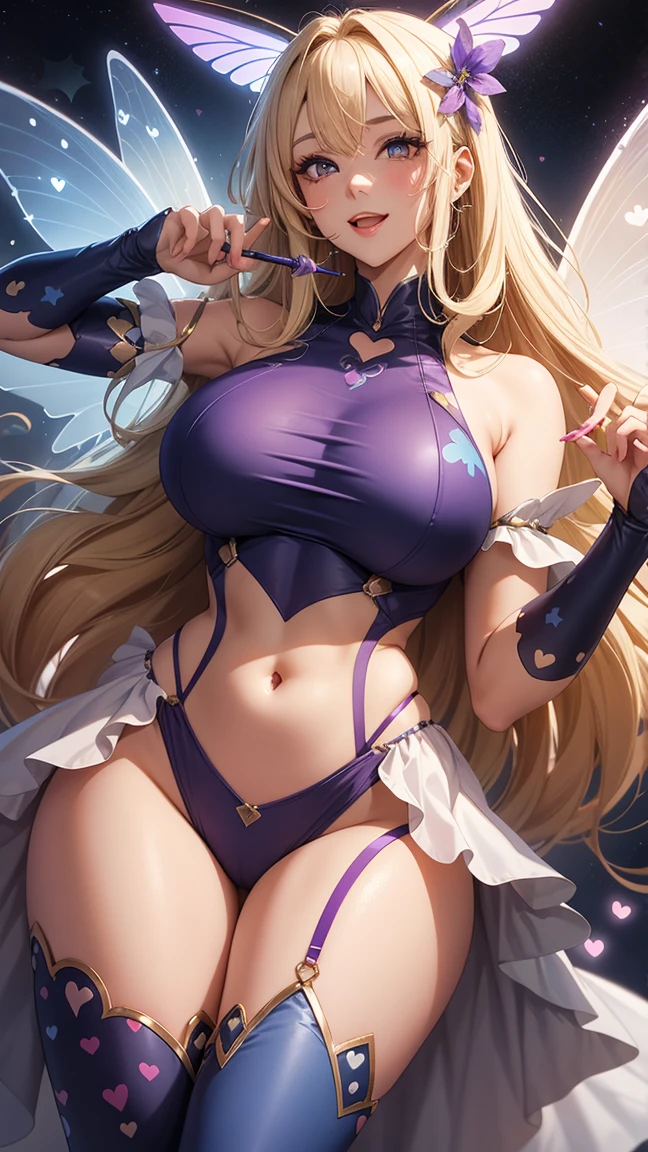 1girl, mature female, shiny skin, (masterpeice), (wallpaper), (high quality), (absurdres), louisa, bangs, beamed eighth notes, blonde hair, blush, ???????, ????? ear headphones, cleavage, closed mouth, covered navel, eighth note, eyebrows visible through hair, hair between eyes, headphones, headset, highleg, highleg leotard, holographic interface, ????????????, leotard, long hair, looking at viewer, musical note, purple eyes, quarter note, smile, solo, thighhighs, very long hair, white gloves, white legwear,two-tone hair, stage, stage lights, outdoors, night, standing, white suit, cowboy shot,