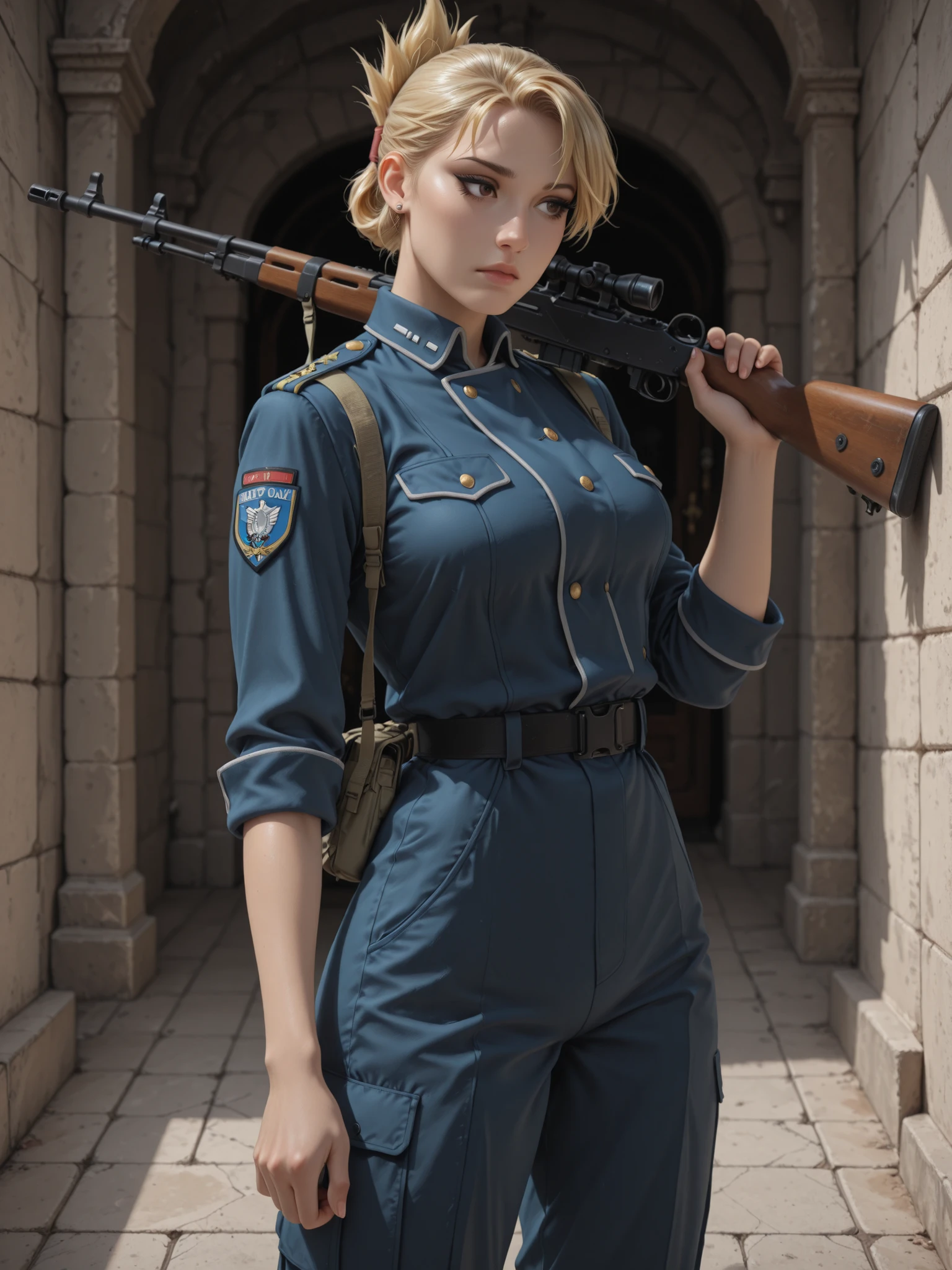 (best quality, masterpiece), ((1 Woman)), beautiful Woman, (blue eyes), (([[blonde]] hair, [long] hair)), ((medium breasts)), (fitness butt), realistic, charming, smoky eye shadow, black eyeliner, long eyelashes, (detailed face), detailed eyes, detailed iris, matte skin, blue military uniform, riza hawkeye, 1girl, solo, blonde hair, ((folded ponytail)), brown eyes, earrings, jewelry, full body, ((holding a rifle to shoulder, ready to fire)) standing, (looking down the sights of the rifle)