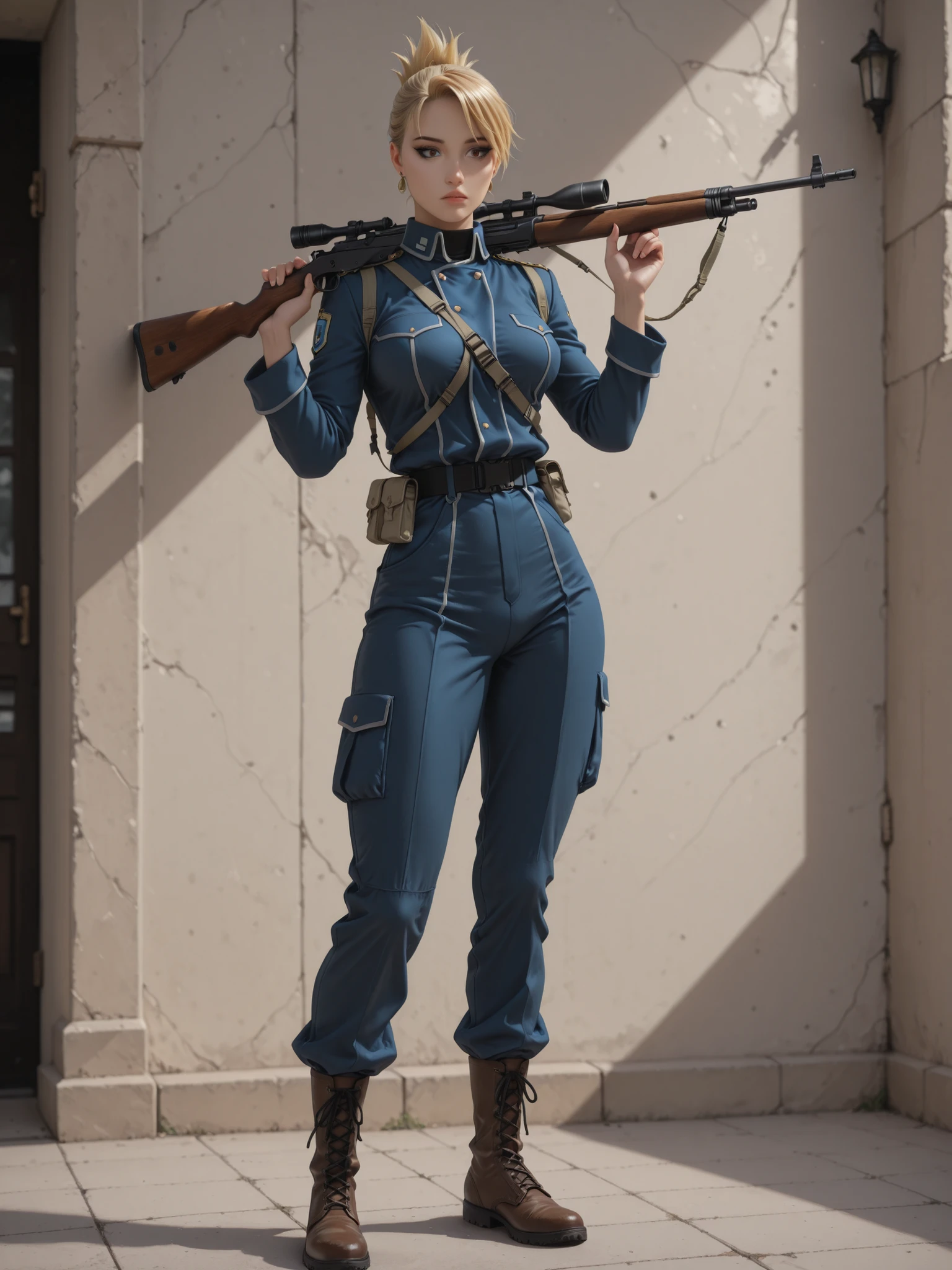 (best quality, masterpiece), ((1 Woman)), beautiful Woman, (blue eyes), (([[blonde]] hair, [long] hair)), ((medium breasts)), (fitness butt), realistic, charming, smoky eye shadow, black eyeliner, long eyelashes, (detailed face), detailed eyes, detailed iris, matte skin, blue military uniform, riza hawkeye, 1girl, solo, blonde hair, ((folded ponytail)), brown eyes, earrings, jewelry, full body, ((holding a rifle to shoulder, ready to fire)) standing, (looking down the sights of the rifle)