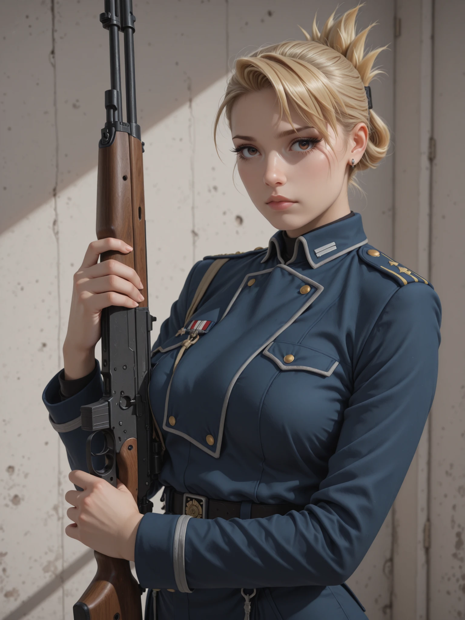 (best quality, masterpiece), ((1 Woman)), beautiful Woman, (blue eyes), (([[blonde]] hair, [long] hair)), ((medium breasts)), (fitness butt), realistic, charming, smoky eye shadow, black eyeliner, long eyelashes, (detailed face), detailed eyes, detailed iris, matte skin, blue military uniform, riza hawkeye, 1girl, solo, blonde hair, ((folded ponytail)), brown eyes, earrings, jewelry, full body, holding a rifle 