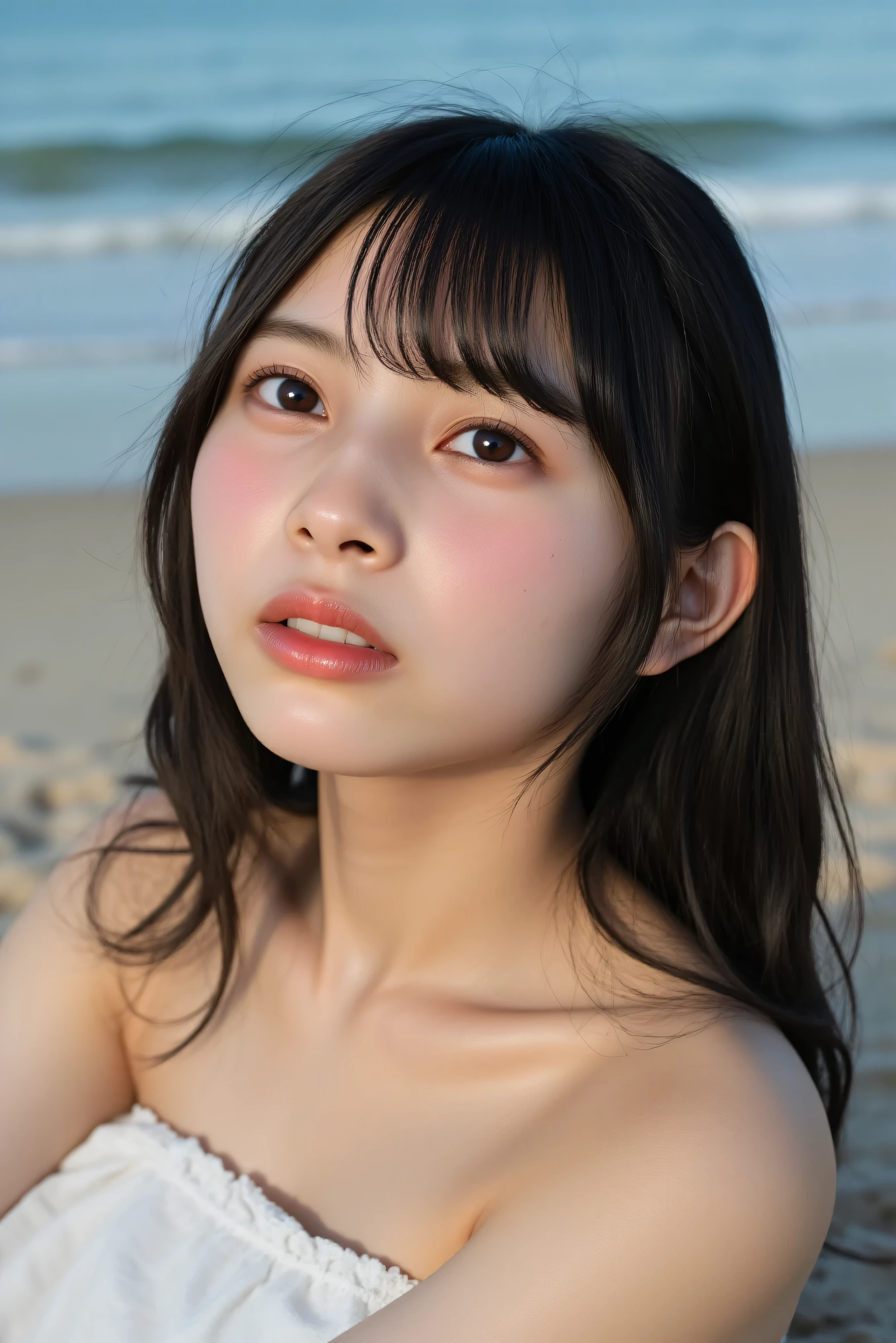Naked blue beach background wheat-colored skin freckles face up