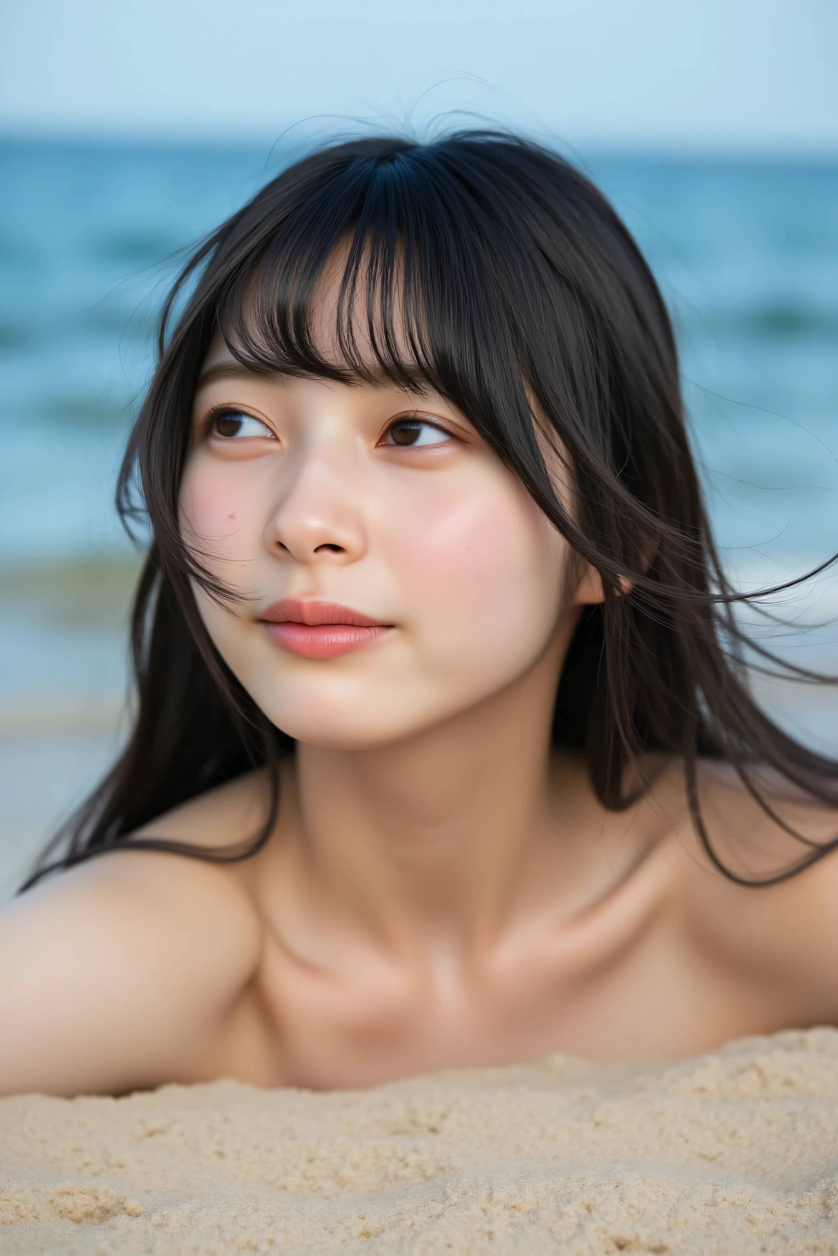 Naked blue beach background wheat-colored skin freckles face up
