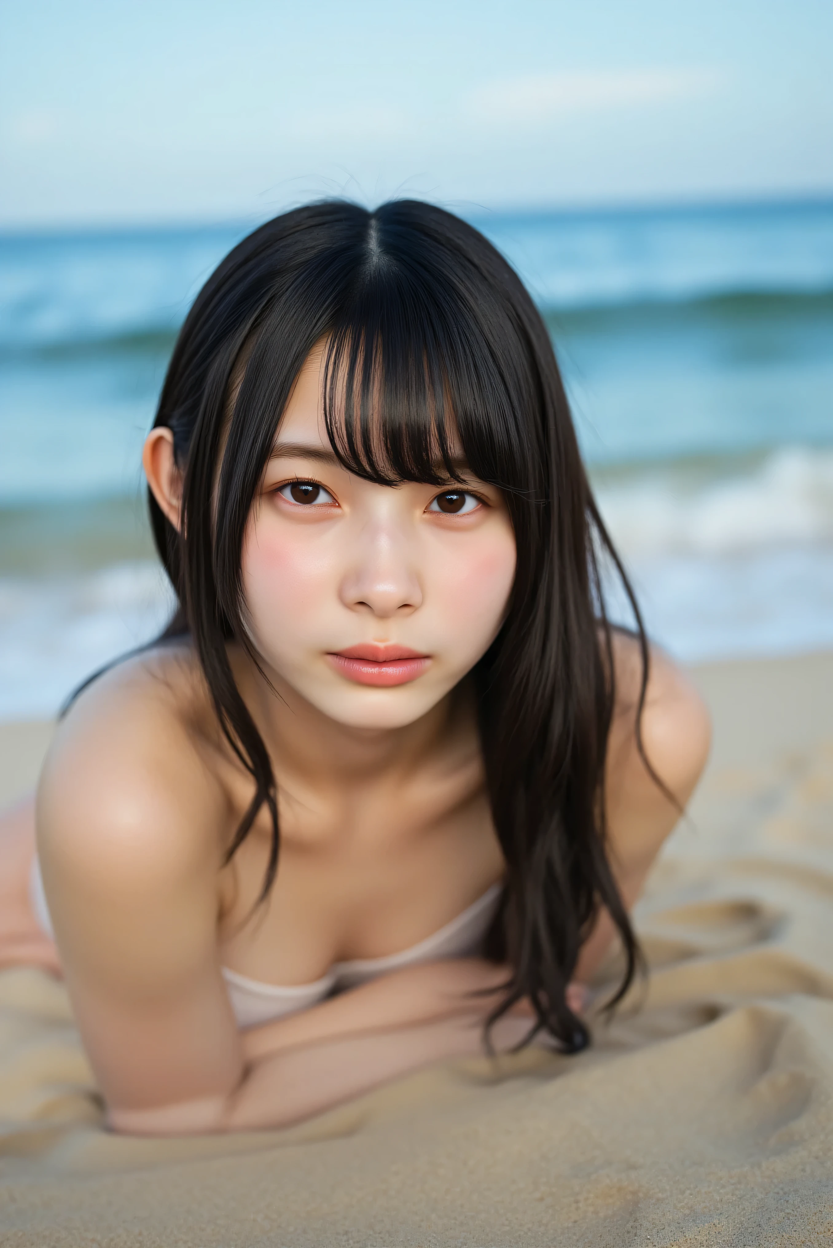 Naked　blue beach background　wheat-colored skin　freckles　face up