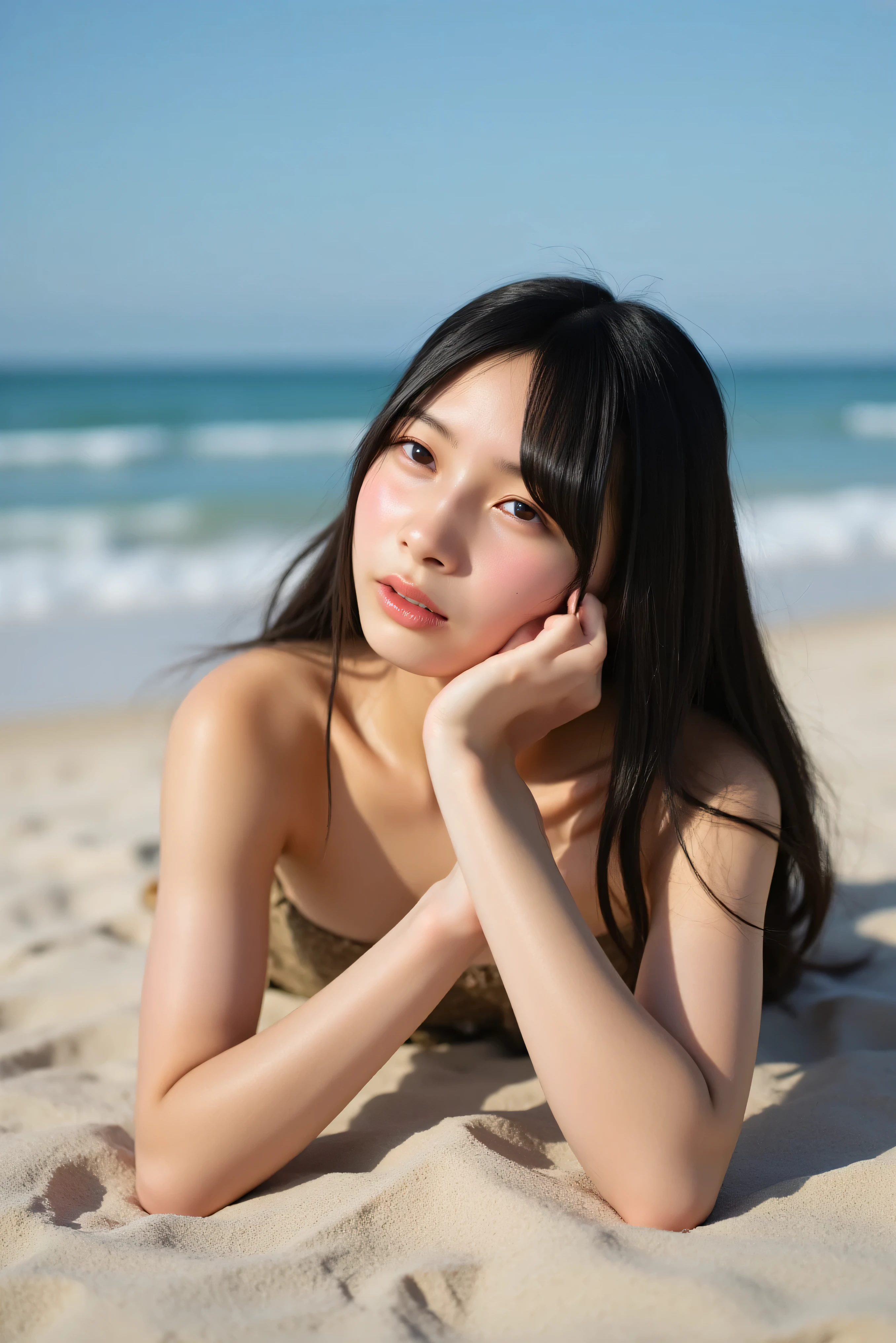 Naked blue beach background wheat-colored skin freckles face up