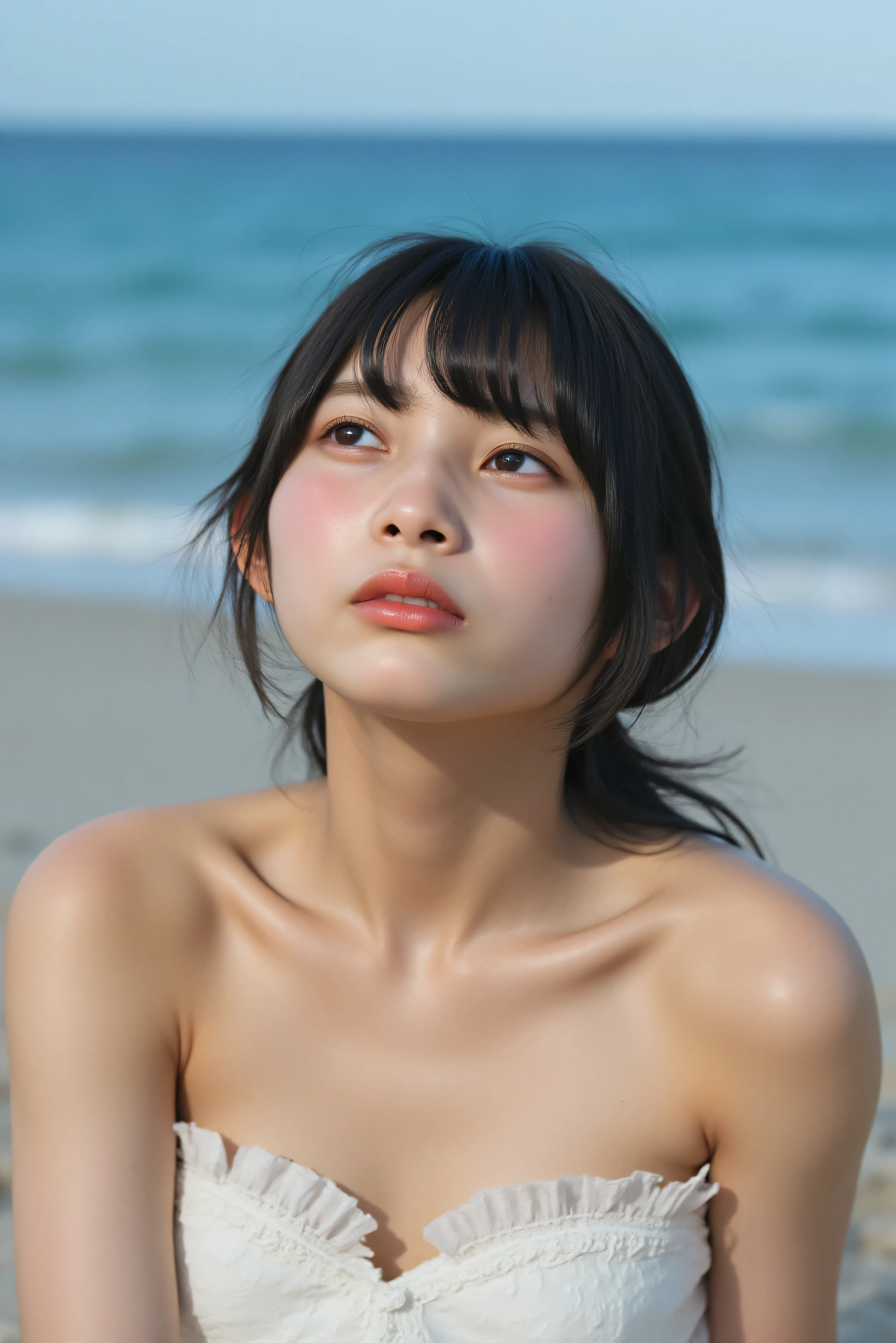 Naked blue beach background wheat-colored skin freckles face up