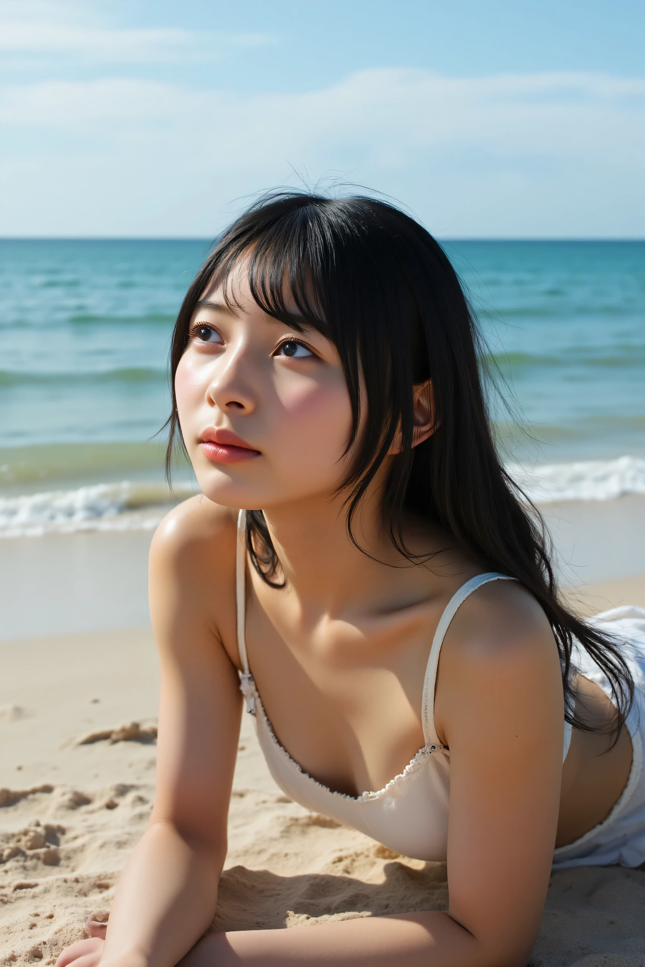 Naked blue beach background wheat-colored skin freckles face up