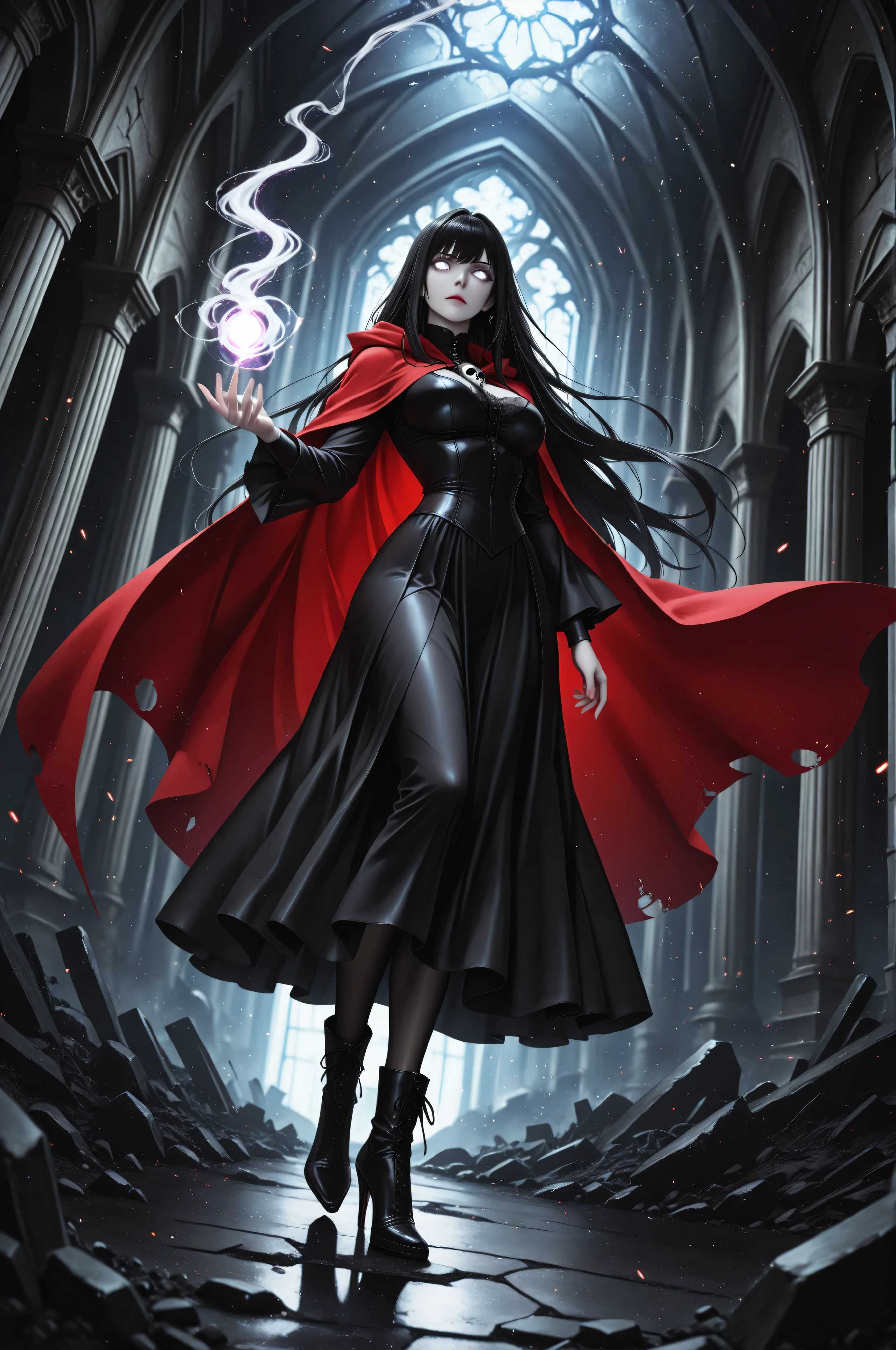 masterpiece, best quality, very aesthetic, absurdres,aidmaMJ6.1,picture of a female human, priestess of death pale white magical aura, controlling a swirling magic, manipulating ,magical sigils, human female, black  hair, pale skin,  long black hair with pale white aura, black hair with pale touch, white eyes, pale eyes, intense eyes,  glowing eyes, black dress , red cloak , high heeled boots, fantasy dark temple background, death worship atmosphere,high details, best quality, 8k, [ultra detailed], masterpiece, best quality, (extremely detailed), dynamic angle, ultra wide shot, photorealistic, fantasy art, dnd art, dark fantasy art, realistic art, gothic art, an ultra wide, full body ,  high details, depth of field ,best quality, highres, ultra wide angle