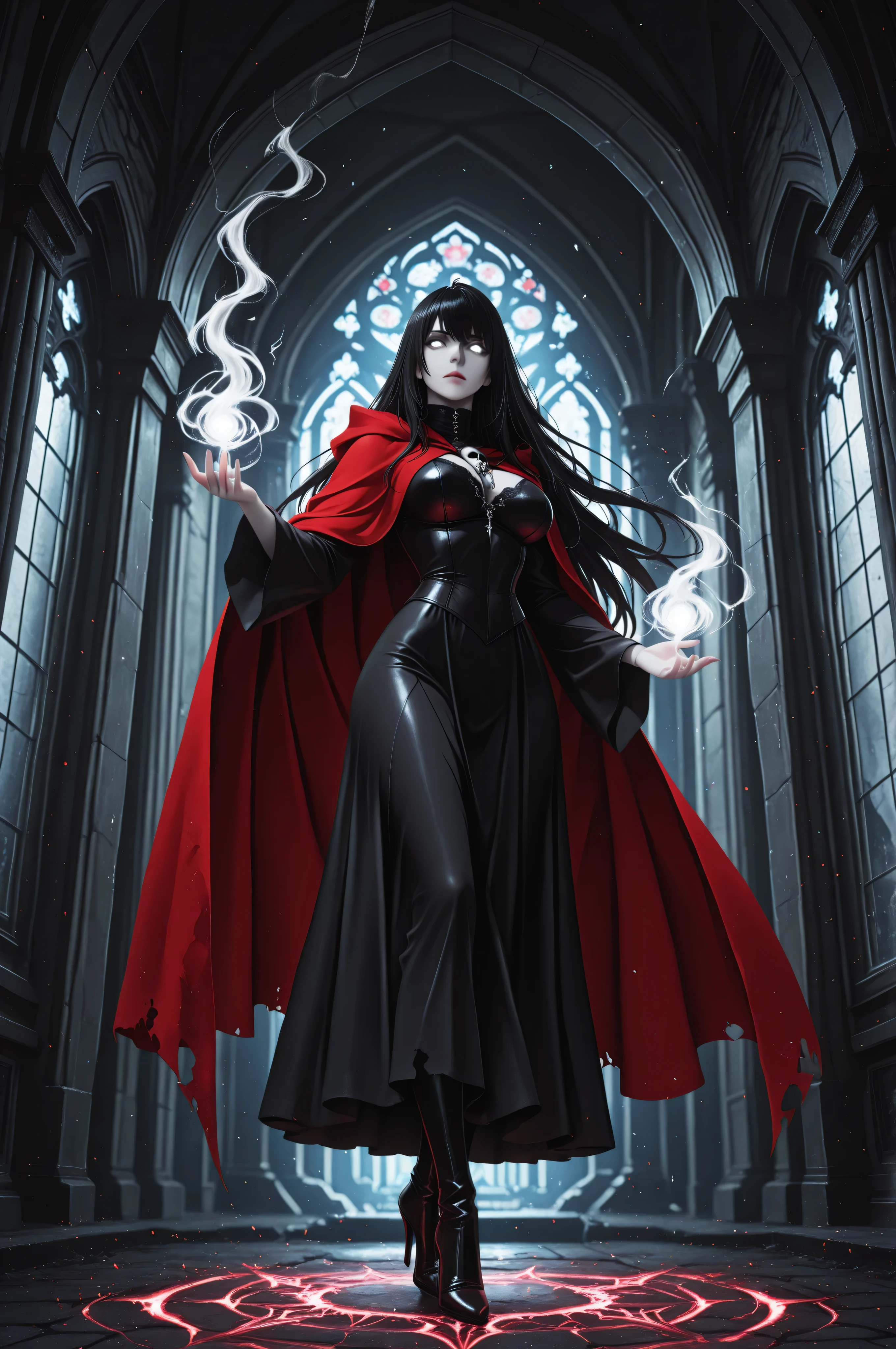 masterpiece, best quality, very aesthetic, absurdres,aidmaMJ6.1,picture of a female human, priestess of death pale white magical aura, controlling a swirling magic, manipulating ,magical sigils, human female, black  hair, pale skin,  long black hair with pale white aura, black hair with pale touch, white eyes, pale eyes, intense eyes,  glowing eyes, black dress , red cloak , high heeled boots, fantasy dark temple background, death worship atmosphere,high details, best quality, 8k, [ultra detailed], masterpiece, best quality, (extremely detailed), dynamic angle, ultra wide shot, photorealistic, fantasy art, dnd art, dark fantasy art, realistic art, gothic art, an ultra wide, full body ,  high details, depth of field ,best quality, highres, ultra wide angle