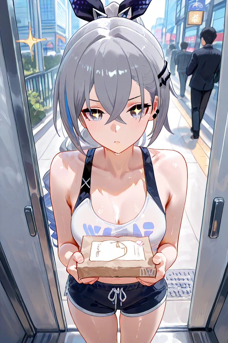 4K，One Girl, MS. end，thin，Very short stature，Very thin thighs，Blunt bangs，Short dress shirt, Half sleeves，Red Suspender ，blush, smile, Bobcut, Black Hair，Vibrant colors, ，A lot of  drips down her thighs onto the floor，(remote_play))，remote-vibrating-egg，((Someone else's hand holding a pink round remote control:1.3))、Ecstatic expression，Accurate and detailed female fingers，,blush,,masterpiece,12yo,