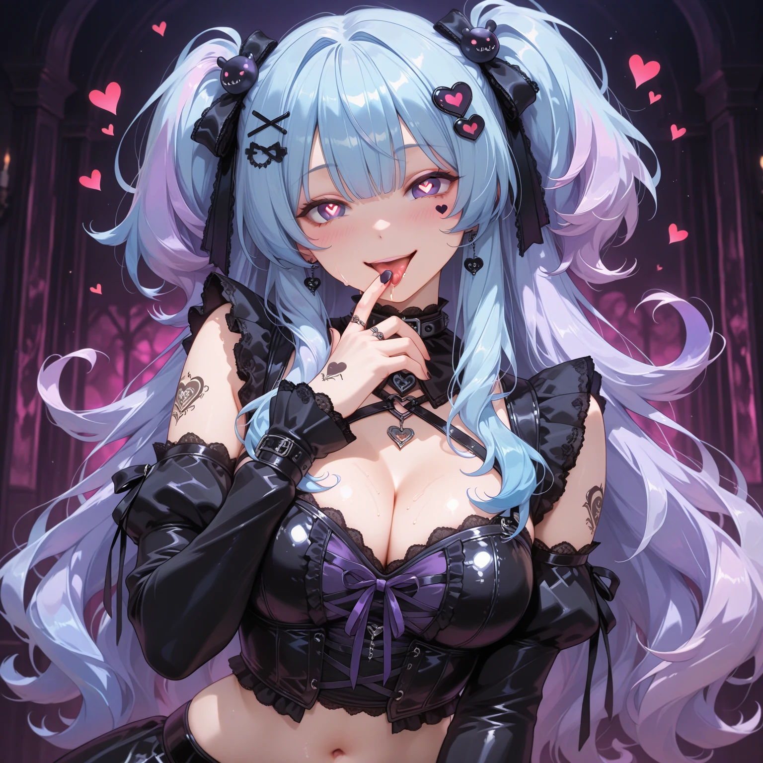 Young girl, long light blue hair, purple eyes, smirk, purple princess dress,  neckline, masterpiece, high quality