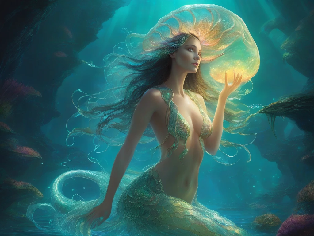 Gracefully flowing creature, his celestial origins are evident in his delicate form and shimmering translucent skin...  The image is a stunning digital painting.., creature demonstration'fine features and radiance.  Her body, resembling a mixture of half-fish with a tail and half-beautiful human woman from navel to head, Dressed in clothes, it is a mixture of jellyfish and golden rose., radiated an enchanting glow, emitting otherworldly light.  Its elongated antennae twist and turn.., creating the impression of graceful movements, Frozen in time.  Intricate details and vibrant colors bring this celestial creature to life.., inviting viewers to explore his mysterious existence.