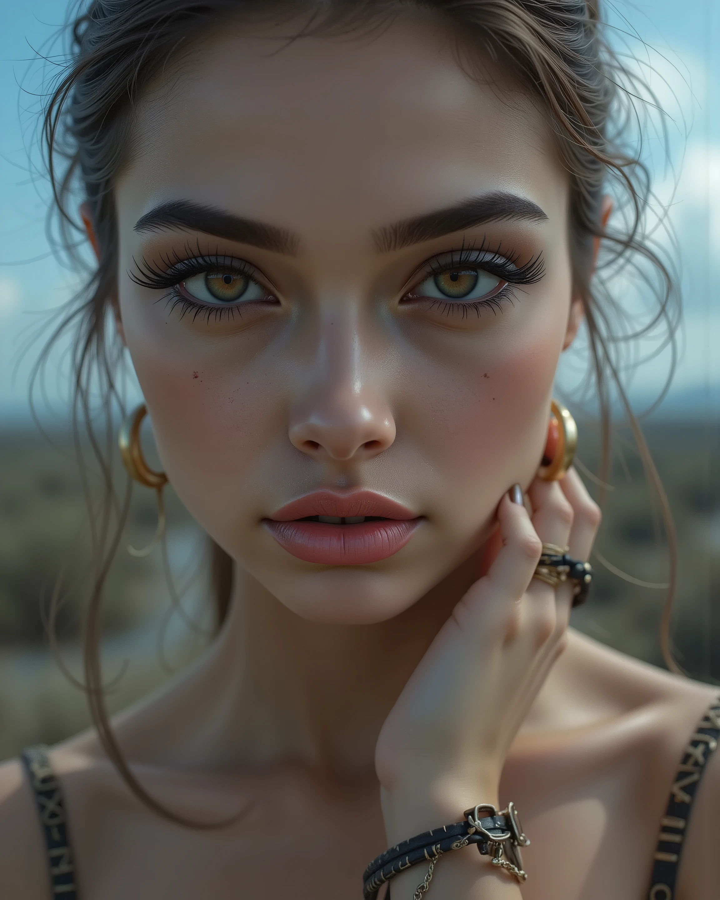  Realistic, (Photorealistic realism), ((ultra quality, extremely details, digital art)), ((focus on extremely Realistic Proportion Body, Anatomically Correct:1.2)), Beautiful Girl, "Eyes (acid-resistant terminology) (macro-details:1 . 25) * Moist corneal surface (visible aqueous layer:1 . 2) * Hyper-detailed iris stroma (brown) * Precise limbal ring (slightly darker pigmentation:1 . 22) * Pupil micro-texture (irregular edge authenticity:0 . 9) * Vasculature in sclera (subtle red veins radiating from limbus)", "Lashes: blue individual synthetic fibers (crosshatched roots:1 . 2 , clump-free separation)" Technical Specs: (Optics: - "Zeiss Otus85mm f/1 . 4 lens (eye refraction calculations:0.8)" - "Shutter Speed:1/500 (freeze eye micro-movements)" - "(Focus Stacking:7-point coverage on iris plane") (Post-Processing: - "Frequency separation for skin vs eye details" - "Selective sharpening: eyes180% , hair120%" - "Denoise: luminance20 , color35 (retain corneal speculars:1.21)") (Avoid: "pupil distortion , uncanny valley asymmetry , plastic-like wetness")}, UHD, perfect female body, (Beautiful long legs in good style:1.35), ((no bra, no panties:1.3)), (medium butt), (skinny body build),(perfect hot model body:1.4), ((slim belly: 1.2)), (muscular body), dress a beautiful girl with a perfect figure in something nice, made of available materials [(latex:1.3), ((lacy)), (jewelry), bracelets, pendants, earrings)], I encourage you to draw them at the same time, ((Use any technique, any style, any outfit, Sew, ((embroider)),choose the color of your eyes, hair and even hairstyles)), ((I encourage you to choose the right background for your phenomenally drawn creation)), (Use any technique, any style, any outfit, arms tattoo,((micro skirt)),angelic cute face,white teeth, perfect beauty, long eyelashes, neon pink lips, oiled skin (psychedelic background, paranoia background),