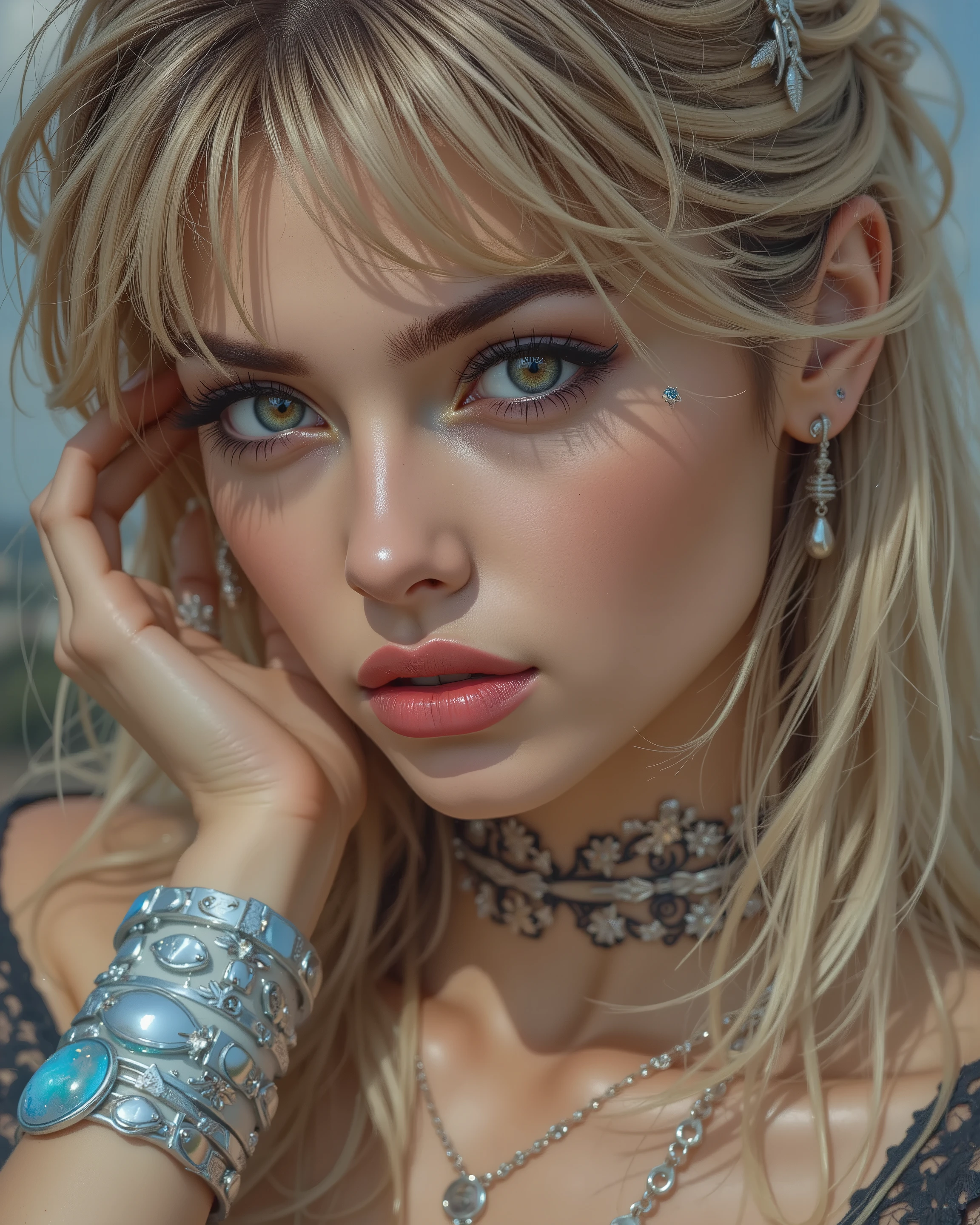  Realistic, (Photorealistic realism), ((ultra quality, extremely details, digital art)), ((focus on extremely Realistic Proportion Body, Anatomically Correct:1.2)), Beautiful Girl, "Eyes (acid-resistant terminology) (macro-details:1 . 25) * Moist corneal surface (visible aqueous layer:1 . 2) * Hyper-detailed iris stroma (brown) * Precise limbal ring (slightly darker pigmentation:1 . 22) * Pupil micro-texture (irregular edge authenticity:0 . 9) * Vasculature in sclera (subtle red veins radiating from limbus)", "Lashes: blue individual synthetic fibers (crosshatched roots:1 . 2 , clump-free separation)" Technical Specs: (Optics: - "Zeiss Otus85mm f/1 . 4 lens (eye refraction calculations:0.8)" - "Shutter Speed:1/500 (freeze eye micro-movements)" - "(Focus Stacking:7-point coverage on iris plane") (Post-Processing: - "Frequency separation for skin vs eye details" - "Selective sharpening: eyes180% , hair120%" - "Denoise: luminance20 , color35 (retain corneal speculars:1.21)") (Avoid: "pupil distortion , uncanny valley asymmetry , plastic-like wetness")}, UHD, perfect female body, (Beautiful long legs in good style:1.35), ((no bra, no panties:1.3)), (medium butt), (skinny body build),(perfect hot model body:1.4), ((slim belly: 1.2)), (muscular body), dress a beautiful girl with a perfect figure in something nice, made of available materials [(latex:1.3), ((lacy)), (jewelry), bracelets, pendants, earrings)], I encourage you to draw them at the same time, ((Use any technique, any style, any outfit, Sew, ((embroider)),choose the color of your eyes, hair and even hairstyles)), ((I encourage you to choose the right background for your phenomenally drawn creation)), (Use any technique, any style, any outfit, arms tattoo,((micro skirt)),angelic cute face,white teeth, perfect beauty, long eyelashes, neon pink lips, oiled skin (psychedelic background, paranoia background),