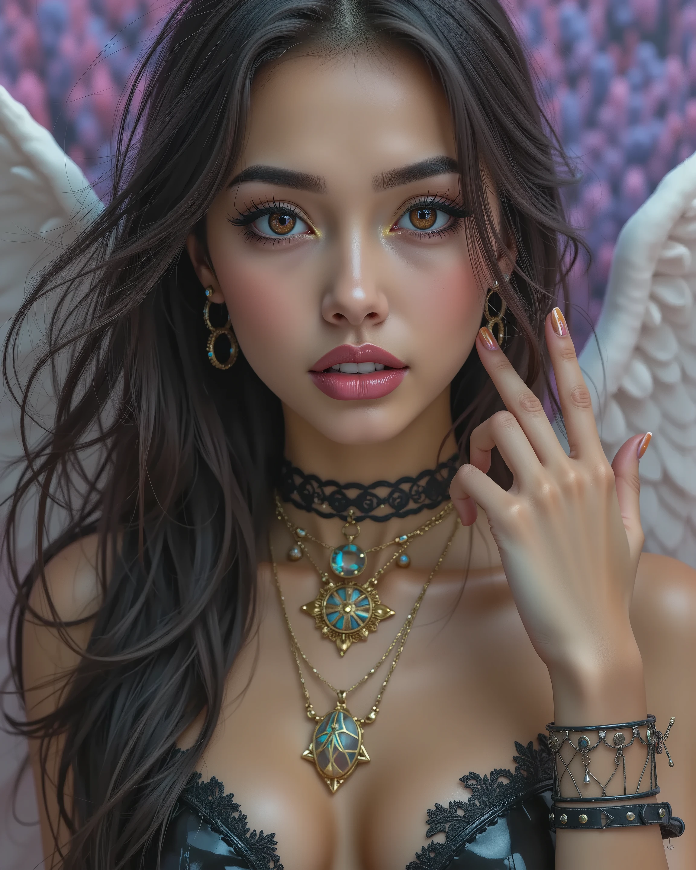  Realistic, (Photorealistic realism), ((ultra quality, extremely details, digital art)), ((focus on extremely Realistic Proportion Body, Anatomically Correct:1.2)), Beautiful Girl, "Eyes (acid-resistant terminology) (macro-details:1 . 25) * Moist corneal surface (visible aqueous layer:1 . 2) * Hyper-detailed iris stroma (brown) * Precise limbal ring (slightly darker pigmentation:1 . 22) * Pupil micro-texture (irregular edge authenticity:0 . 9) * Vasculature in sclera (subtle red veins radiating from limbus)", "Lashes: blue individual synthetic fibers (crosshatched roots:1 . 2 , clump-free separation)" Technical Specs: (Optics: - "Zeiss Otus85mm f/1 . 4 lens (eye refraction calculations:0.8)" - "Shutter Speed:1/500 (freeze eye micro-movements)" - "(Focus Stacking:7-point coverage on iris plane") (Post-Processing: - "Frequency separation for skin vs eye details" - "Selective sharpening: eyes180% , hair120%" - "Denoise: luminance20 , color35 (retain corneal speculars:1.21)") (Avoid: "pupil distortion , uncanny valley asymmetry , plastic-like wetness")}, UHD, perfect female body, (Beautiful long legs in good style:1.35), ((no bra, no panties:1.3)), (medium butt), (skinny body build),(perfect hot model body:1.4), ((slim belly: 1.2)), (muscular body), dress a beautiful girl with a perfect figure in something nice, made of available materials [(latex:1.3), ((lacy)), (jewelry), bracelets, pendants, earrings)], I encourage you to draw them at the same time, ((Use any technique, any style, any outfit, Sew, ((embroider)),choose the color of your eyes, hair and even hairstyles)), ((I encourage you to choose the right background for your phenomenally drawn creation)), (Use any technique, any style, any outfit, arms tattoo,((micro skirt)),angelic cute face,white teeth, perfect beauty, long eyelashes, neon pink lips, oiled skin (psychedelic background, paranoia background),