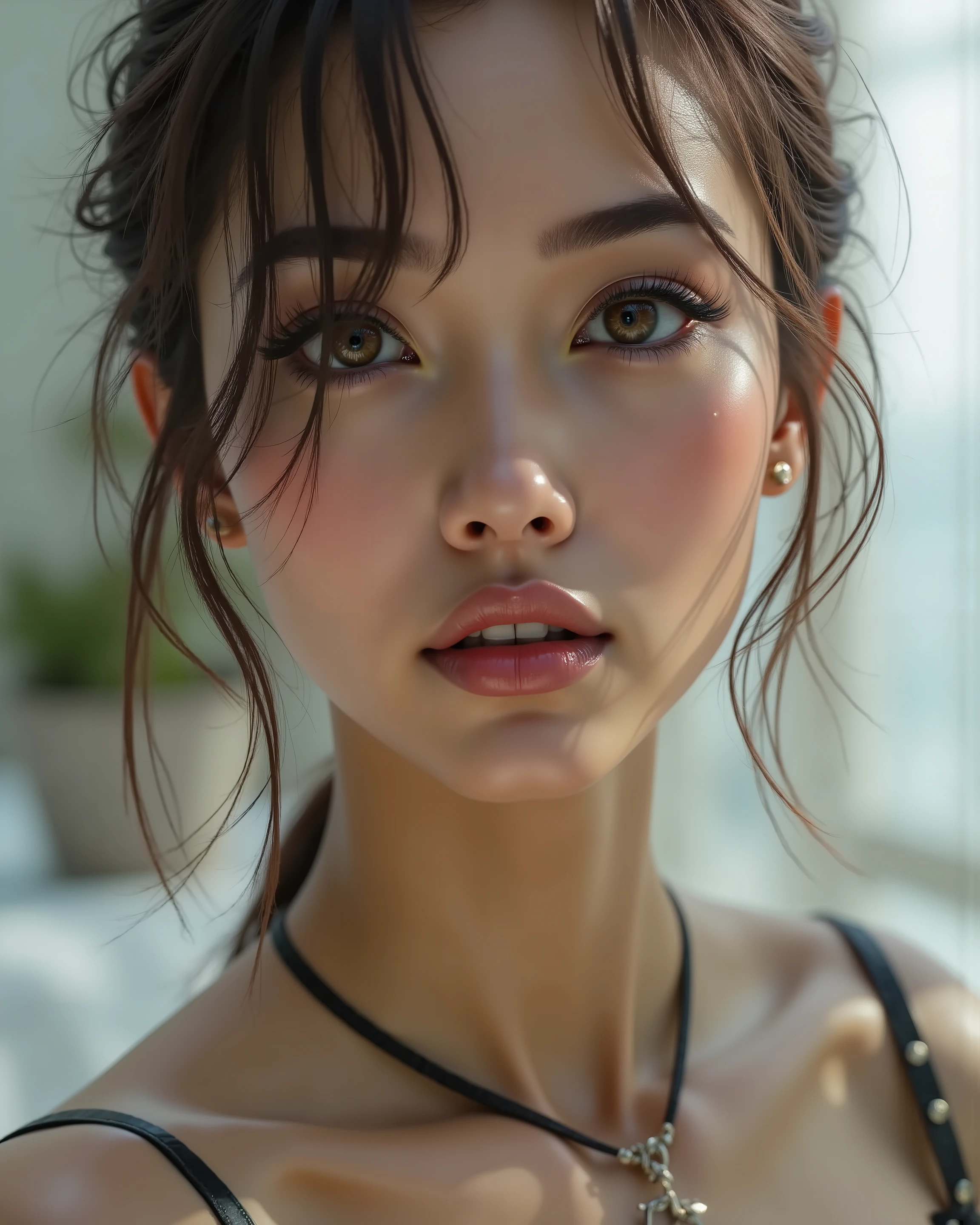  Realistic, (Photorealistic realism), ((ultra quality, extremely details, digital art)), ((focus on extremely Realistic Proportion Body, Anatomically Correct:1.2)), Beautiful Girl, "Eyes (acid-resistant terminology) (macro-details:1 . 25) * Moist corneal surface (visible aqueous layer:1 . 2) * Hyper-detailed iris stroma (brown) * Precise limbal ring (slightly darker pigmentation:1 . 22) * Pupil micro-texture (irregular edge authenticity:0 . 9) * Vasculature in sclera (subtle red veins radiating from limbus)", "Lashes: blue individual synthetic fibers (crosshatched roots:1 . 2 , clump-free separation)" Technical Specs: (Optics: - "Zeiss Otus85mm f/1 . 4 lens (eye refraction calculations:0.8)" - "Shutter Speed:1/500 (freeze eye micro-movements)" - "(Focus Stacking:7-point coverage on iris plane") (Post-Processing: - "Frequency separation for skin vs eye details" - "Selective sharpening: eyes180% , hair120%" - "Denoise: luminance20 , color35 (retain corneal speculars:1.21)") (Avoid: "pupil distortion , uncanny valley asymmetry , plastic-like wetness")}, UHD, perfect female body, (Beautiful long legs in good style:1.35), ((no bra, no panties:1.3)), (medium butt), (skinny body build),(perfect hot model body:1.4), ((slim belly: 1.2)), (muscular body), dress a beautiful girl with a perfect figure in something nice, made of available materials [(latex:1.3), ((lacy)), (jewelry), bracelets, pendants, earrings)], I encourage you to draw them at the same time, ((Use any technique, any style, any outfit, Sew, ((embroider)),choose the color of your eyes, hair and even hairstyles)), ((I encourage you to choose the right background for your phenomenally drawn creation)), (Use any technique, any style, any outfit, arms tattoo,((micro skirt)),angelic cute face,white teeth, perfect beauty, long eyelashes, neon pink lips, oiled skin (psychedelic background, paranoia background),