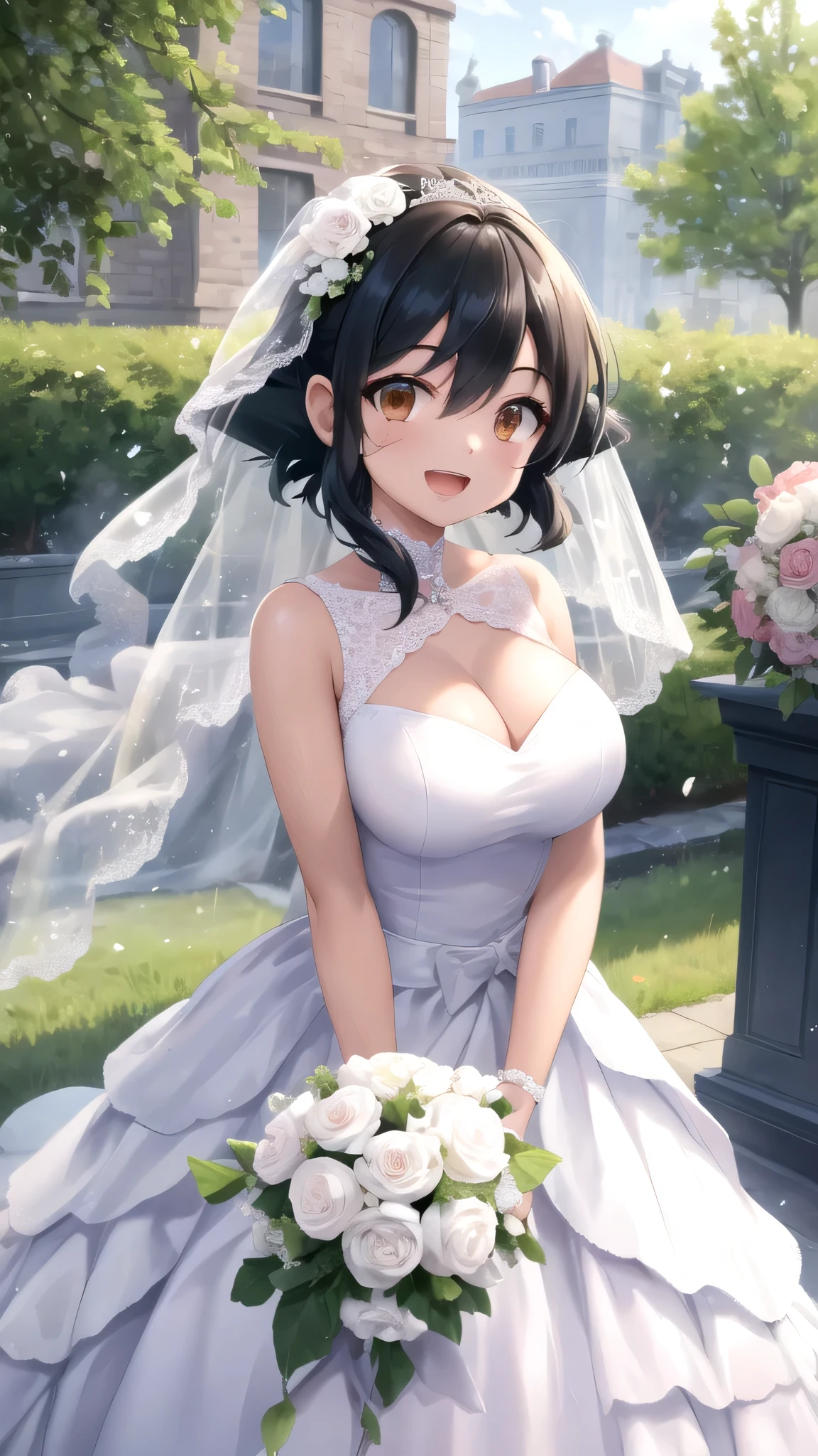masterpiece, best quality, high quality, girl, solo, looking at viewer, Ash Ketchum, Black hair, Brown eyes, large breasts, wedding Dress, standing, smile, open mouth, outdoors 