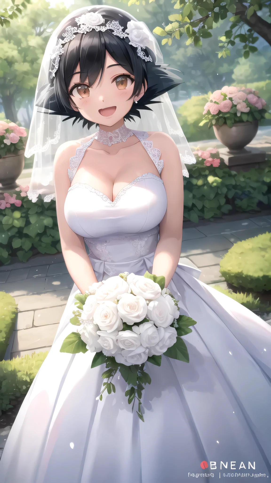 masterpiece, best quality, high quality, girl, solo, looking at viewer, Ash Ketchum, Black hair, Brown eyes, large breasts, wedding Dress, standing, smile, open mouth, outdoors 