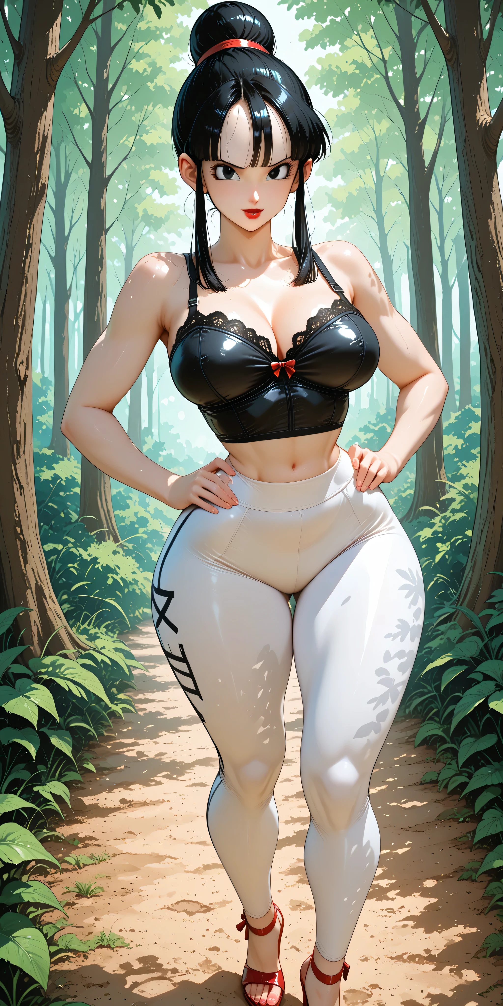 (( anime style )) . [ch1ch1   ]  (dragon ball), Alone, ((black hair)).  ((Hair style BUN.)) side locks, ojos negros, Red lipstick, half-open lips. ((Black bustier with black lace trim)), sleeveless, thin straps.  shoulders, keys. []. wide . thighs and wide legs. (((Bright white yoga leggings))) . Red sandals with high heels and open toe. Standing, cara feliz y excitada, detailed background, forest, Dappled light, vista frontal. hands on , legs spread. pose  sensual. perfect .