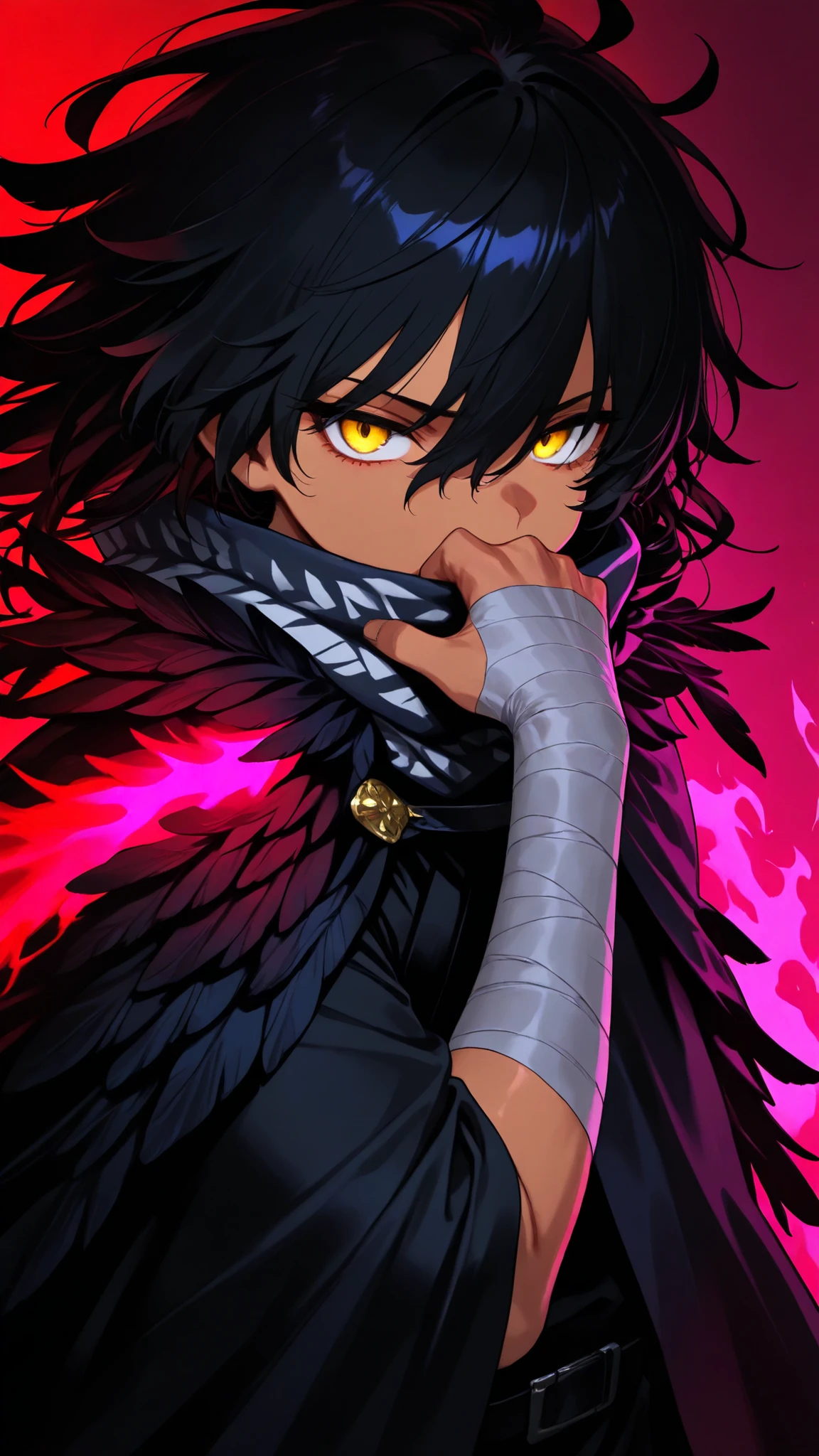 ,748cmstyle,(looking at viewer, side shot:0.72), warrior, (portrait shot:1.1), (1boy:0.665), solo, tanned skin, red and golden eyes, masterpiece, best quality, amazing quality, very aesthetic, high resolution, ultra-detailed, thick hair, black hair, (covered mouth:1.3), peafowl feathers, blooded sword, flaming sword, ruffled hair, dynamic pose, murderous expression,, messy hair, hair in front of eyes, chinese clothes, tight clothes, royal guard, cape, grey print scarf, black robe, FaustHeishou, yellow eyes, black belt, bandaged arm, bandaged legs, black bandages, (covered mouth, feathered clothes, feathered cape:1.55), dramatic lighting, Heishou Pack