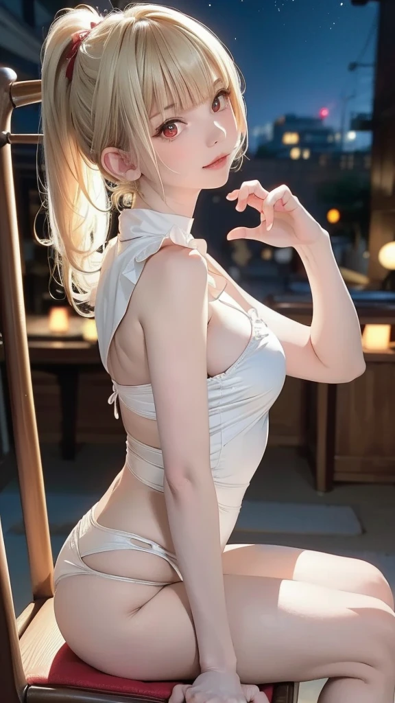 1 pretty girl，white skinned，yellow hair，shorter pants，looking at viewert，pony tails，Cafe，blue eyes，Realistis，Curvaceous pose，Bigchest，huge tit，smile，low , transparent top, biting lips, big booty, facing the camera, pink .