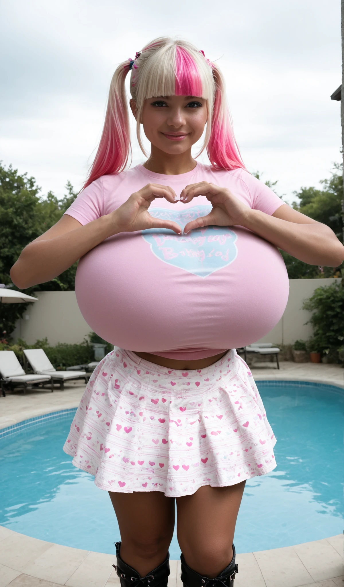 masterpiece, best quality, amazing quality, solo, ((reachingarms, heart hands, dynamic angle,cinematic angle, looking viewer:1.3)), loli,shortstack, (hourglass figure), (hime cut twintail, straight bangs, pink 2tone hair), hyper breast, (fabric stretching over full clothed breasts, jyojifuku, print clothes,pastel color clothes, shirt, skirt, thighhighs, high boots, micro mini clothe), poolside,realistic hand, CyberRealistic_Negative_PONY_V2, PA7_sdxl-Photo, GanguroGyaru, hyper breasts