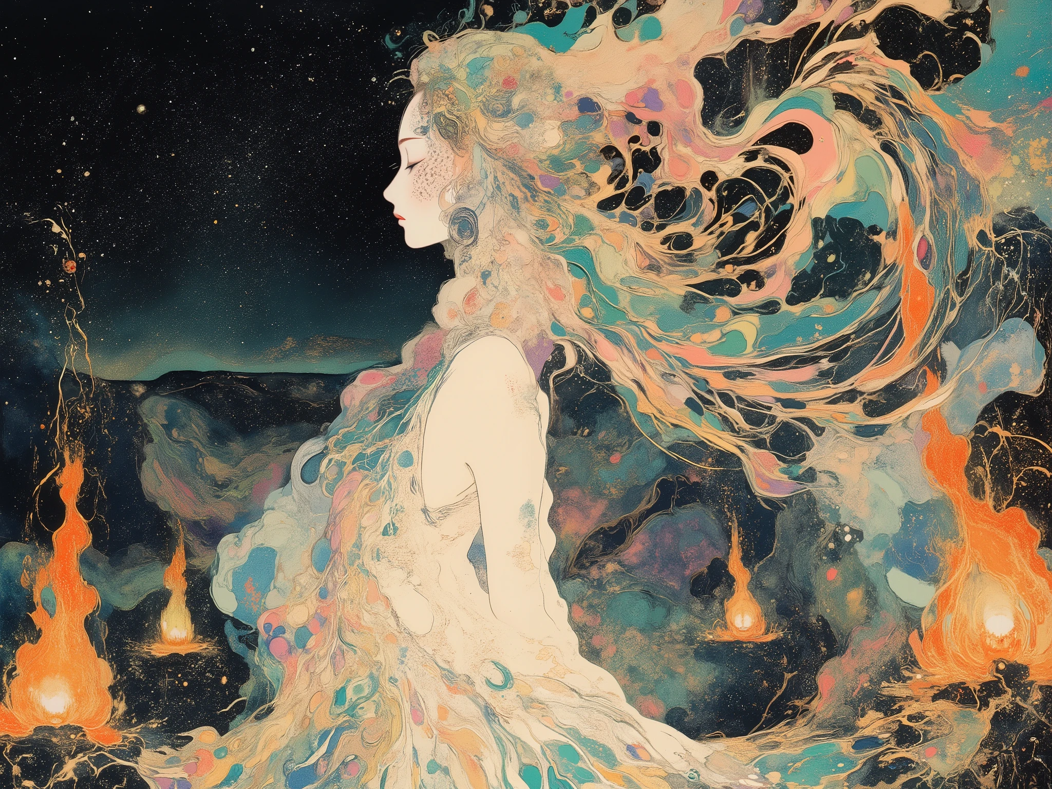 Extremely aesthetic, FFAIM, style of ichiro tsuruta, In style of Akiya Kageichi, asymmetrical composition, anatomically correct, color theory, safe, Shamanic, ethereal, elixir-in-the-divine, abstract art work, masterpiece. 
The Oracle shrine maiden dances gracefully against the backdrop of the night sky. The Oracle shrine maiden's costume is reminiscent of Japanese shrine maiden clothing, but its mysterious design also evokes Greek shrine maidens and medieval Western witches. The woman's features are calm and pure. The hem of her sheer garment sways gracefully with the goddess's movements, the wind, and the light. 
Bonfires made of incense wood are lit on all four sides of the stage, and pale smoke gently floats, adding color to the ceremony. Beautiful, and dynamic dancing action. 
used colors:[Garnet |Magenta |Rose Pink |Midnight Blue |Cobalt Blue |Deep Sea Blue |Lemon Yellow |Pastel Yellow |Tangerine |Forest Green |Teal |Grass Green |Earth Brown |Mahogany |Sepia |Taupe |Plum |Violet |Orchid |Mauve |Charcoal |Cool Gray |Rose Gold |Opal]. 
A shot of the entire ceremony from a distance, and a woman dancing gracefully is captured from the side, with a mysterious atmosphere. 
This painting is characterized by the colors of the smoke rising in thin threads and dancing like gentle ribbons, in the style of Yoshitaka Amano. 
The overall color scheme is pale. 