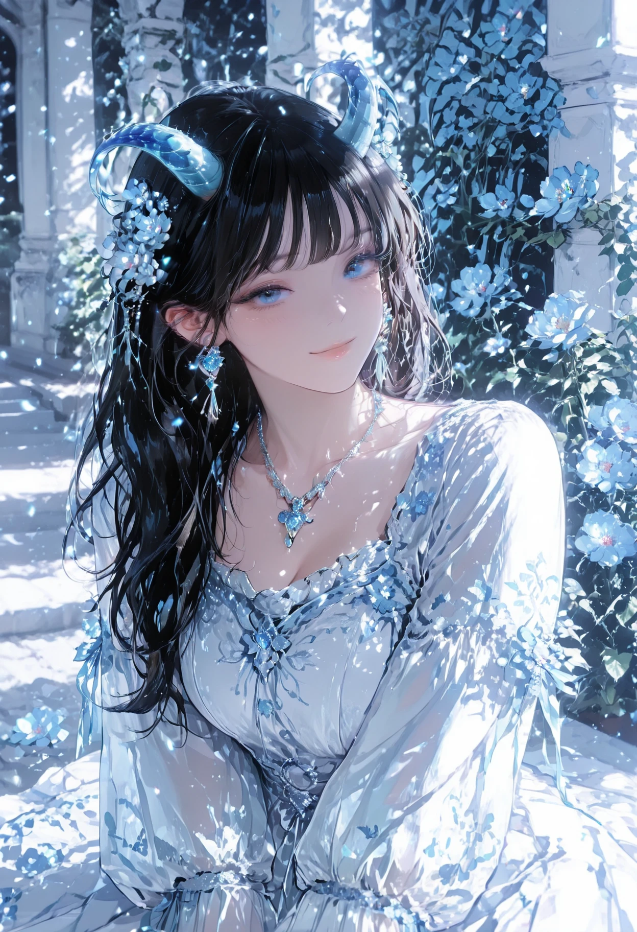 tmasterpiece，Best picture quality，HD 8K wallpaper，Beautiful picture，Elegant single woman，Round dress，Shiny eyes，Detail at its best，An exquisite masterpiece，Pure beauty and lightnesoderately aesthetic，Gentle and elegant，Attention to detail，Cyan white lace round princess dress，Immortal