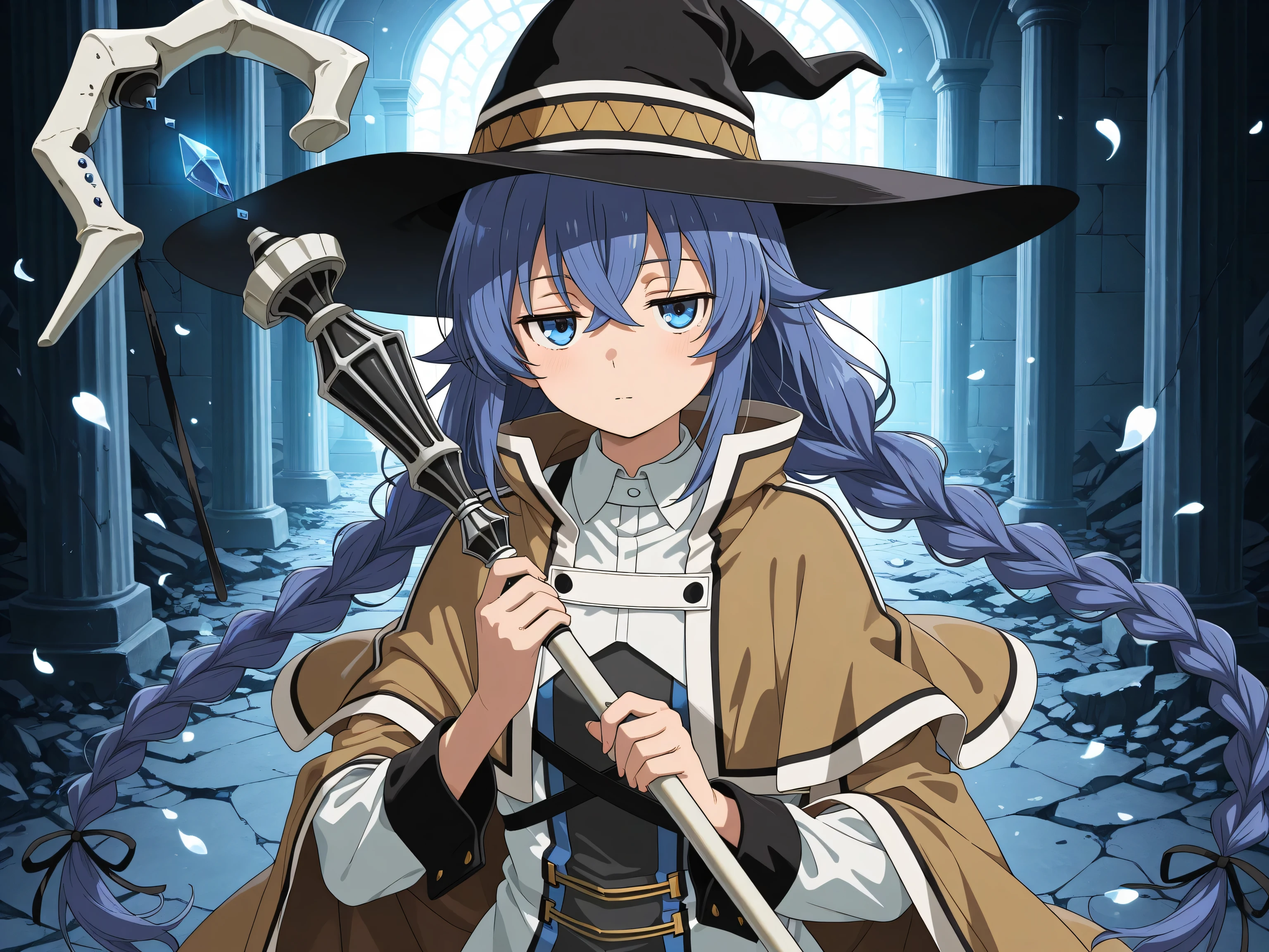 1girl, solo, upper body, looking at viewer, roxy migurdia, long hair, twin braids, blue eyes, witch hat, capelet, dress, jitome,holding staff,staff,glowing:1.3,surrounded by floating petals, floating hair, shadow,bloom effect, ,pillar,broken ground,complex background, very awa, newest, detailed background, high resolution, amazing quality, best quality, good lighting, detailed eyes, very aesthetic, detailed, anime coloring, anime screencap
