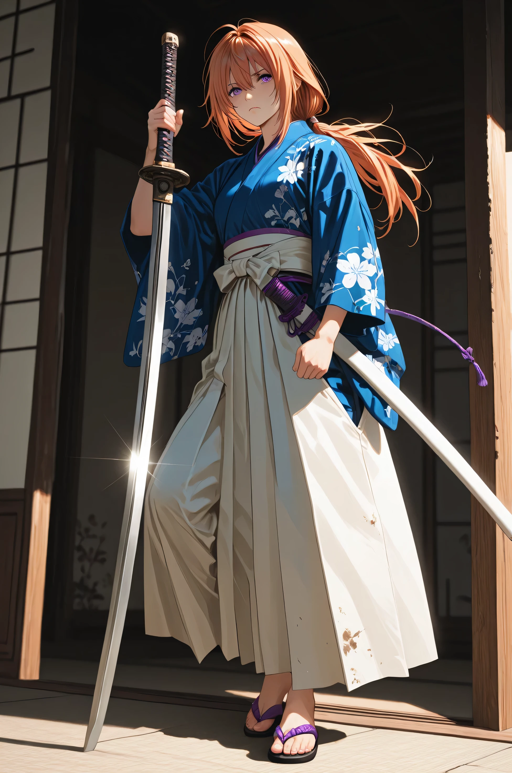 High Quality、masterpiece、depicting even the smallest details、 Himura Kenshin、 youth、Cross Injury、赤い髪、Reverse-blade sword、Sword Extraction Stance、serious expression、 Sharp Purple Eyes 、blue kimono、White Hakama、posture of stepping on one's feet、Hair Fluttering in the Wind、Light reflected on the sword、Satu Stance、focused gaze、anime style、Trails of Movement 、sense of speed、tense atmosphere、old japanese background、twilight light、Shadow Representation、Action Scene