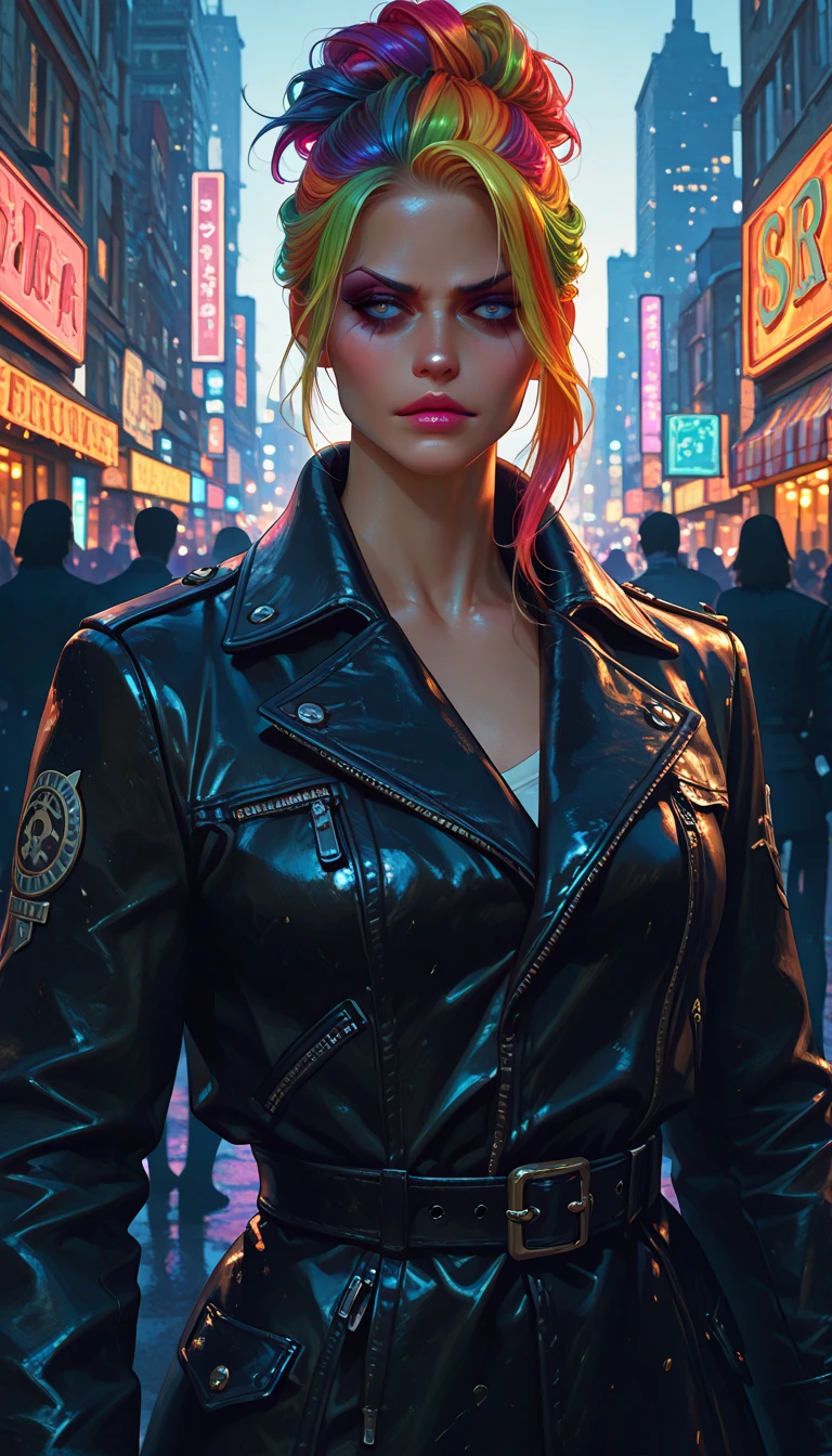 a beautiful young woman with intense cyberpunk city night behind her, wearing a leather jacket, , and black jeans, dramatic lighting, (police badge:1.2), detailed facial features, highly detailed, photorealistic, 8k, award winning art