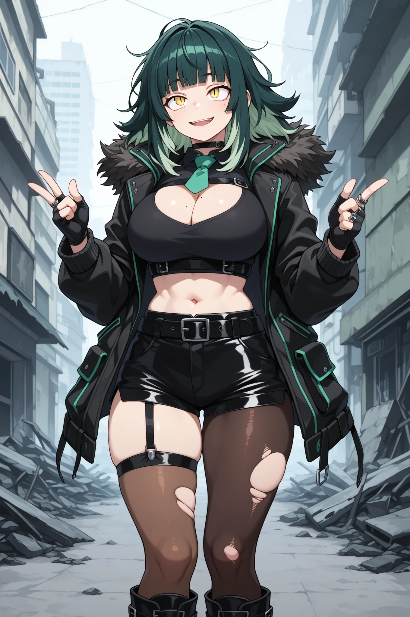 ubel,dark green hair,long hair,side ponytail,hair between eyes,bangs, BREAK (beret, black jacket, , cleavage, midriff, black shorts, black thighhighs, thigh strap, fingerless gloves, single glove:1.2) BREAK blurry background, BREAK pose, hand on hip, BREAK (masterpiece:1.2), best quality, high resolution, unity 8k wallpaper, (illustration:0.8), (beautiful detailed eyes:1.6), extremely detailed face, perfect lighting, extremely detailed CG, (perfect hands, perfect ),

