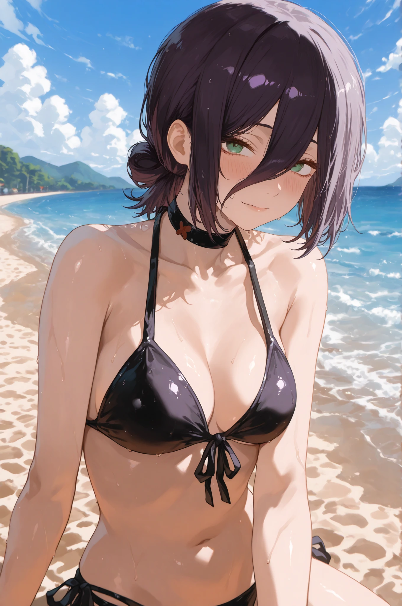 Realistic、1girl、(Open mouth happy grin：1.3),(cute face:1.5),(tareme:1.3),(black hair purple hair hair gradient hair:1.3),(purple eyes)、(kind eyes:1.3)、leaning forward、open stance,(middle hair),( portrait:1.3,face focus:1.3,cowboy shot),(black enamel micro :1.3)、(large breasts),(midsummer beach:1.3)
