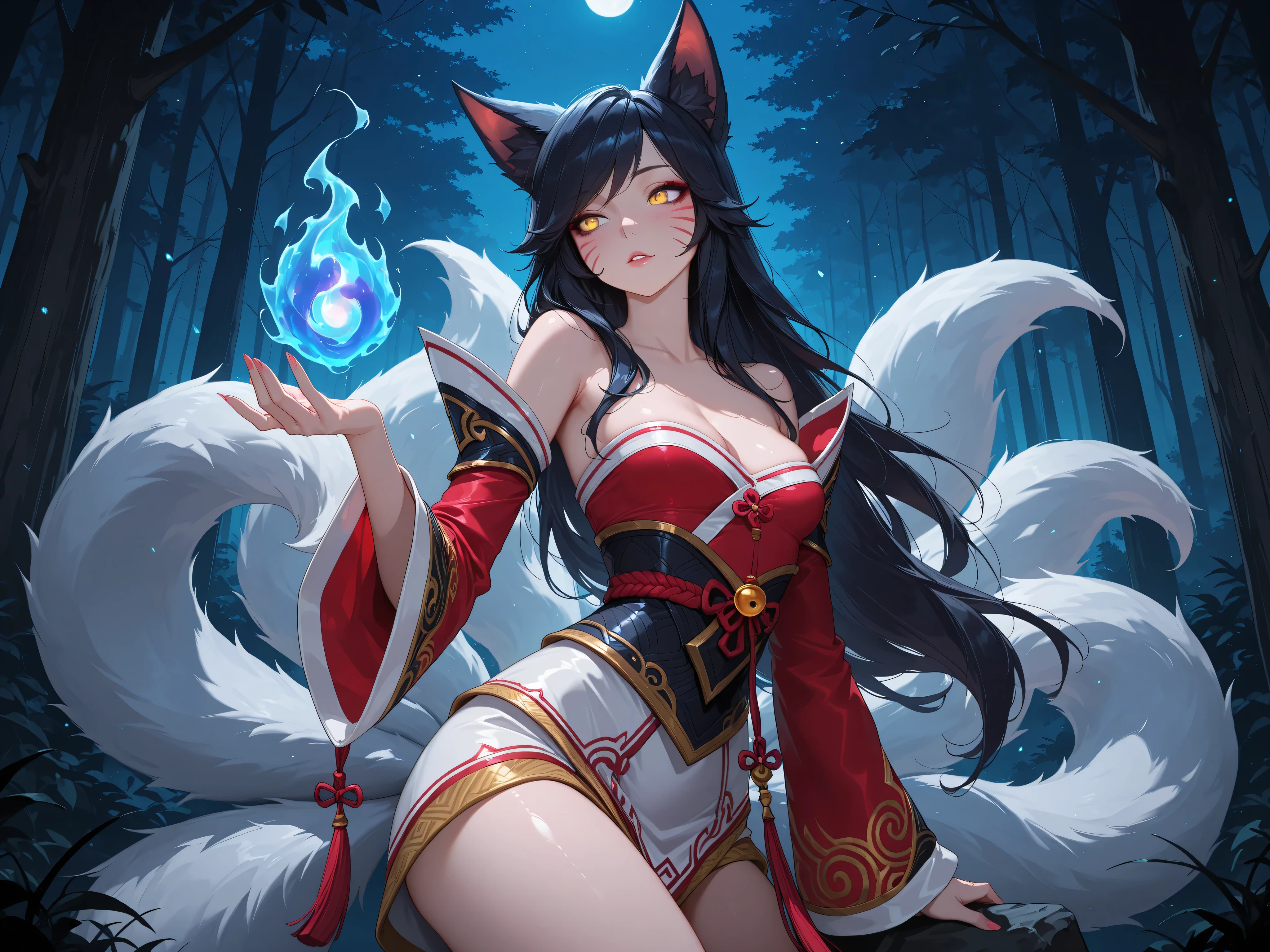 amazing quality,best quality,ultra-detailed,8K,illustration,CG, ultra-detailed-eyes, detailed background,masterpiece, 1girl, adult, solo, ahri (league of legends), league of legends, long hair, black hair, yellow eyes, facial mark, fox ears, detached sleeves, korean clothes,, cleavage, fox girl, fox tail, medium small , blue fire, haunted forest, night, (masterpiece, best quality, amazing quality),