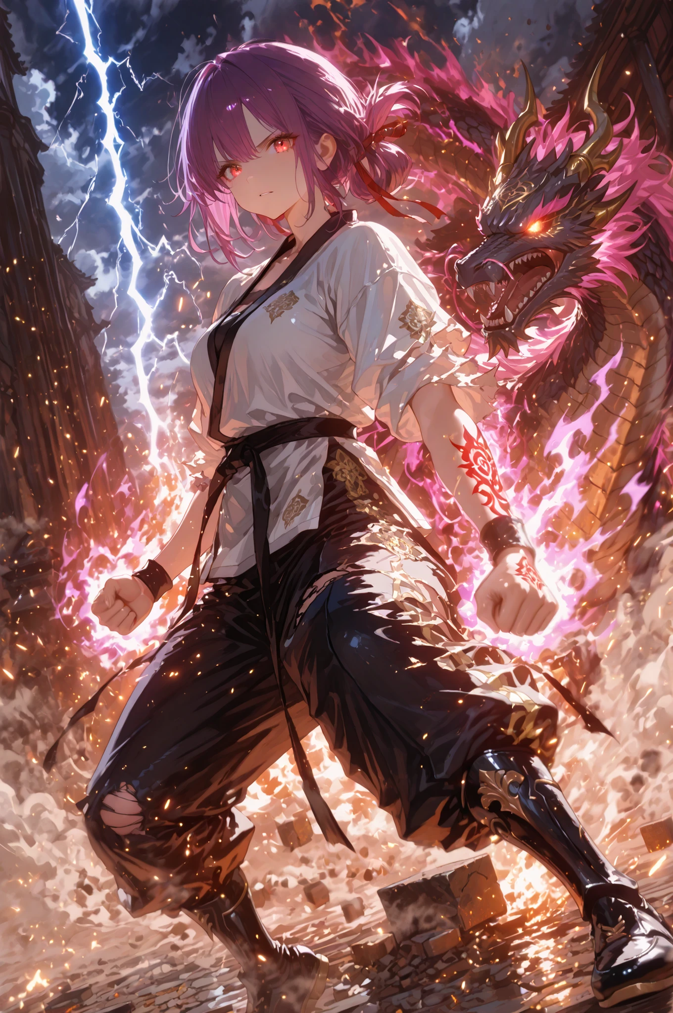 (masterpiece, detailed:1.2), A female martial arts grandmaster unleashing a devastating hundred-fist technique. Purple hair tied back tightly, strands whipping in the air as she moves, a single heir ring swaying behind her. Intense red eyes filled with killing intent and unwavering determination.
Wearing a traditional martial arts uniform adorned with a fierce dragon emblem, fitted to her form yet battle-worn, sleeves torn from countless training sessions. Her expression is fierce — teeth clenched in a powerful roar — as she releases a rapid barrage of punches, each blow leaving sharp afterimages in the air.
Lightning crackles around her fists, arcs of energy wrapping around her arms. The ground beneath her shatters from the overwhelming force, chunks of earth lifting from the impact waves. Dust clouds explode outward.
Behind her, a massive Asura-like spiritual aura manifests — three-faced, many-armed, towering behind her like a guardian wrath-god. Each spectral arm echoes her strikes, amplifying her power, glowing eyes burning like embers.
Dynamic cinematic angle, intense motion blur, destructive power, dramatic energy lighting.
She stands as the final successor of an ancient martial art, embodying raw strength, discipline, and destiny.